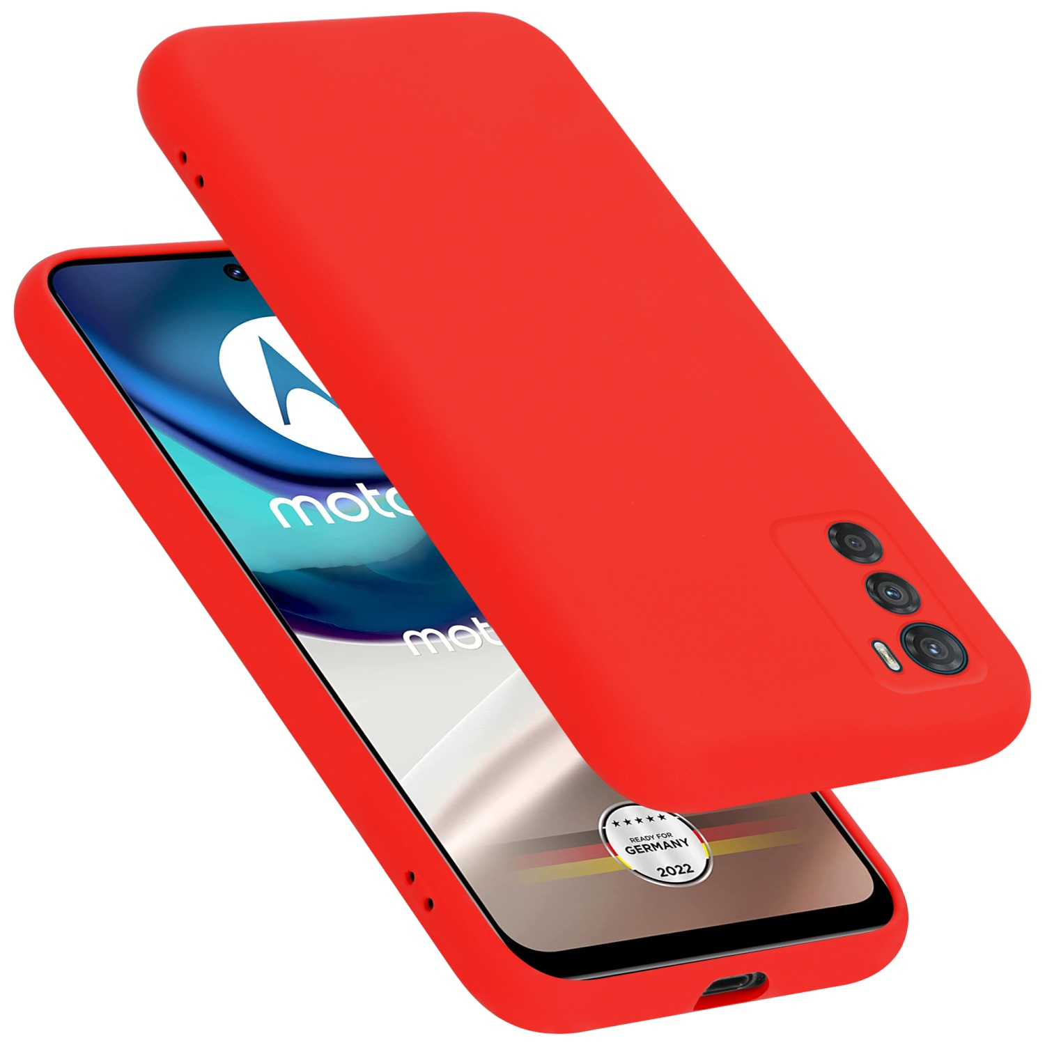 Rote Handyhülle und Telefon. Das Telefon zeigt einen blauen Bildschirm und das Logo.