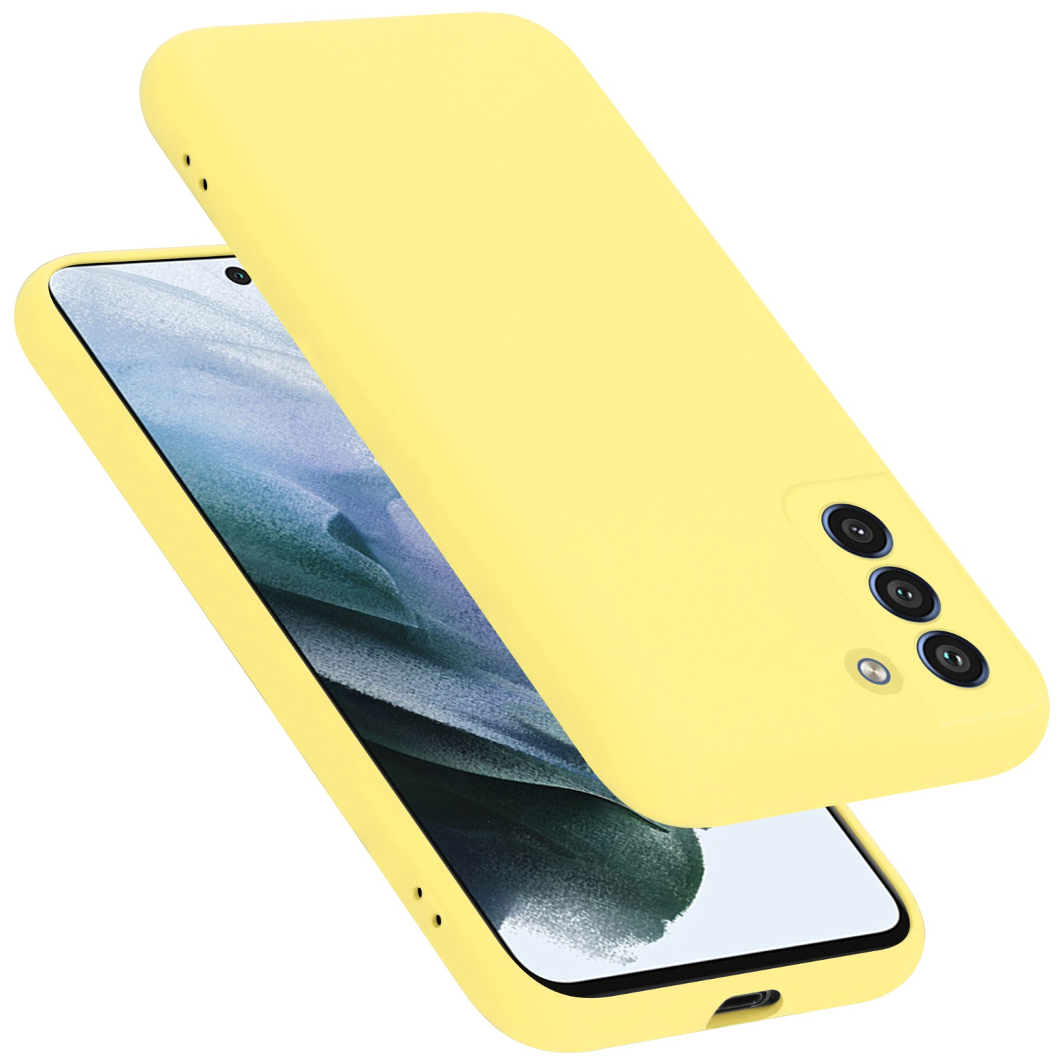 Eine gelbe Handyhülle mit einem Smartphone darin. Die Hülle ist offen, das Telefon zeigend.