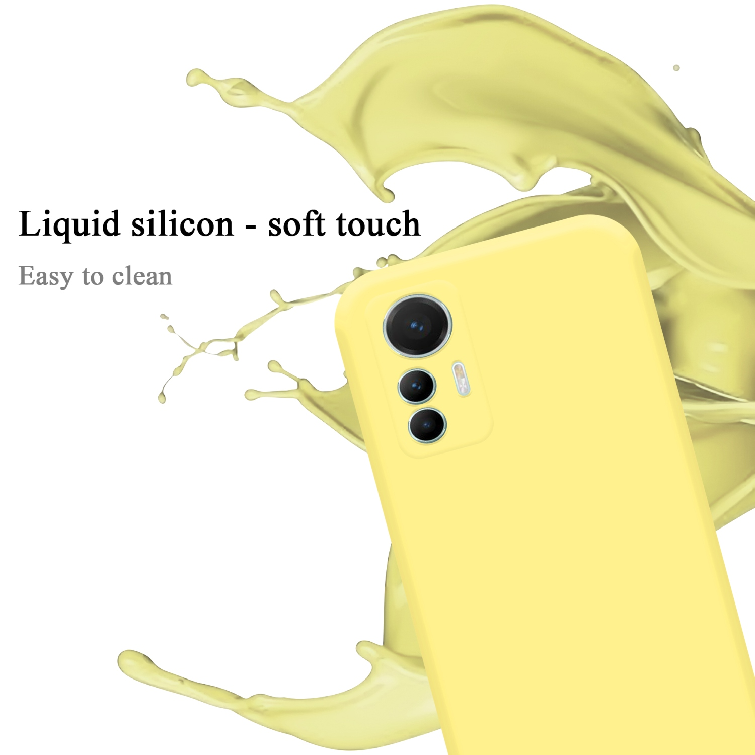 Gelbe Handyhülle mit Kameradetail und Spritzer. Text: Flüssiges Silikon, Soft-Touch, leicht zu reinigen.