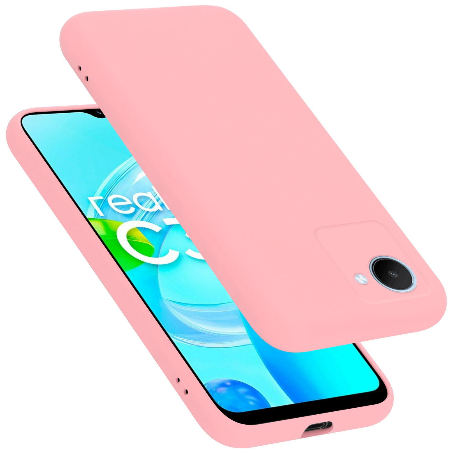 Rosa Handyhülle mit einem Telefon darin. Die Handyhülle bedeckt das Telefon. Weißer Hintergrund.