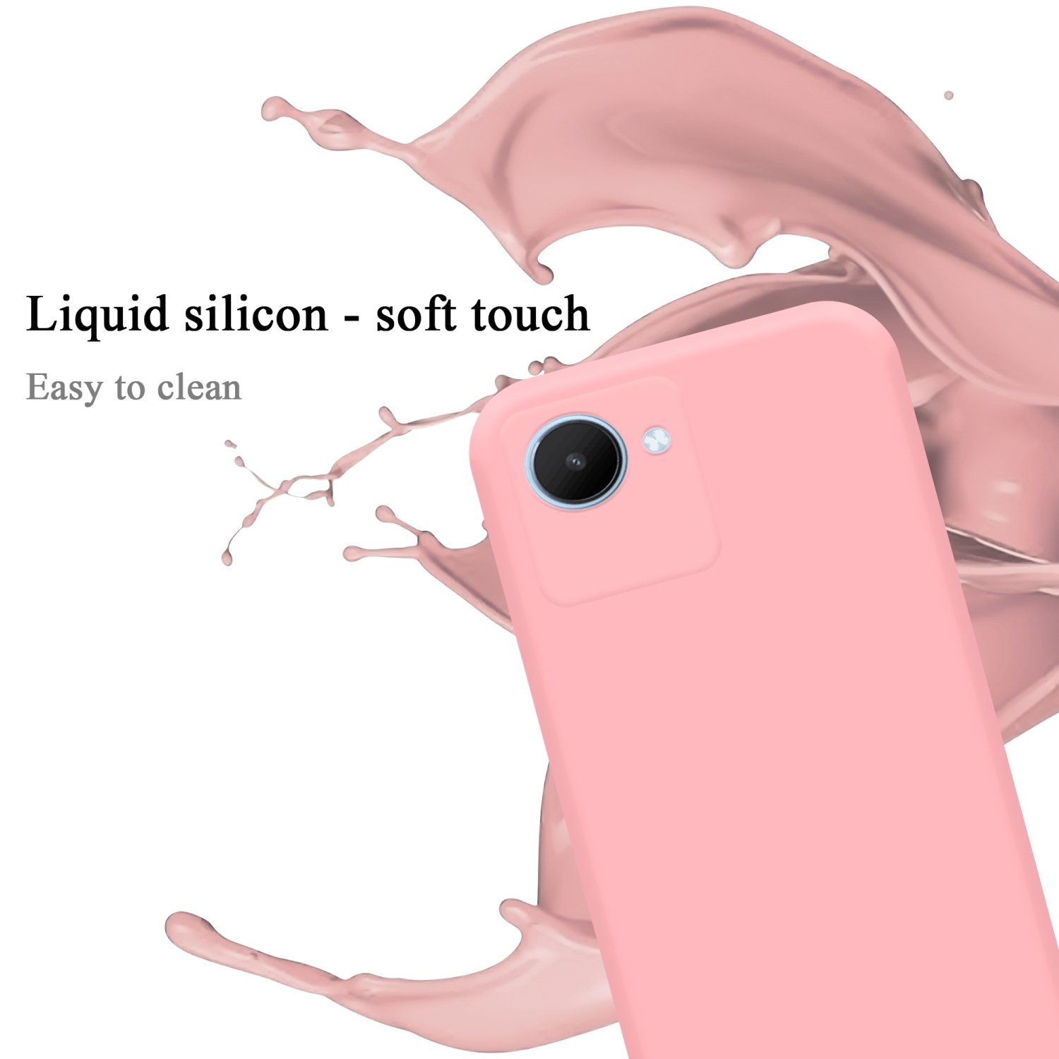 Rosa Handyhülle, Spritzeffekt. Text: Flüssigsilikon - Soft-Touch, leicht zu reinigen. Telefonkamera sichtbar.