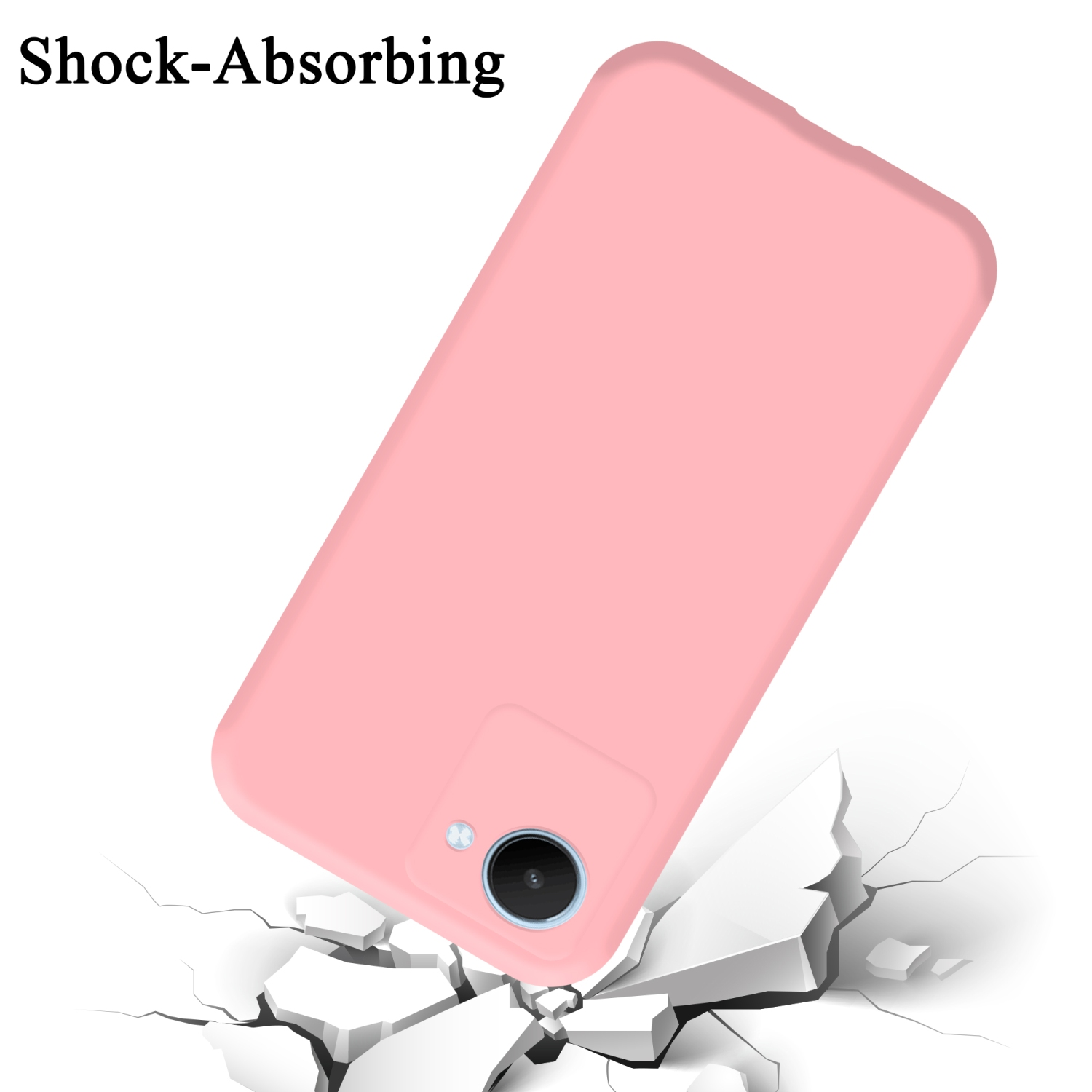 Rosa Handyhülle mit Telefon darin. Die Handyhülle wird gezeigt, wie sie auf den Boden fällt, mit der stoßdämpfenden Funktion.