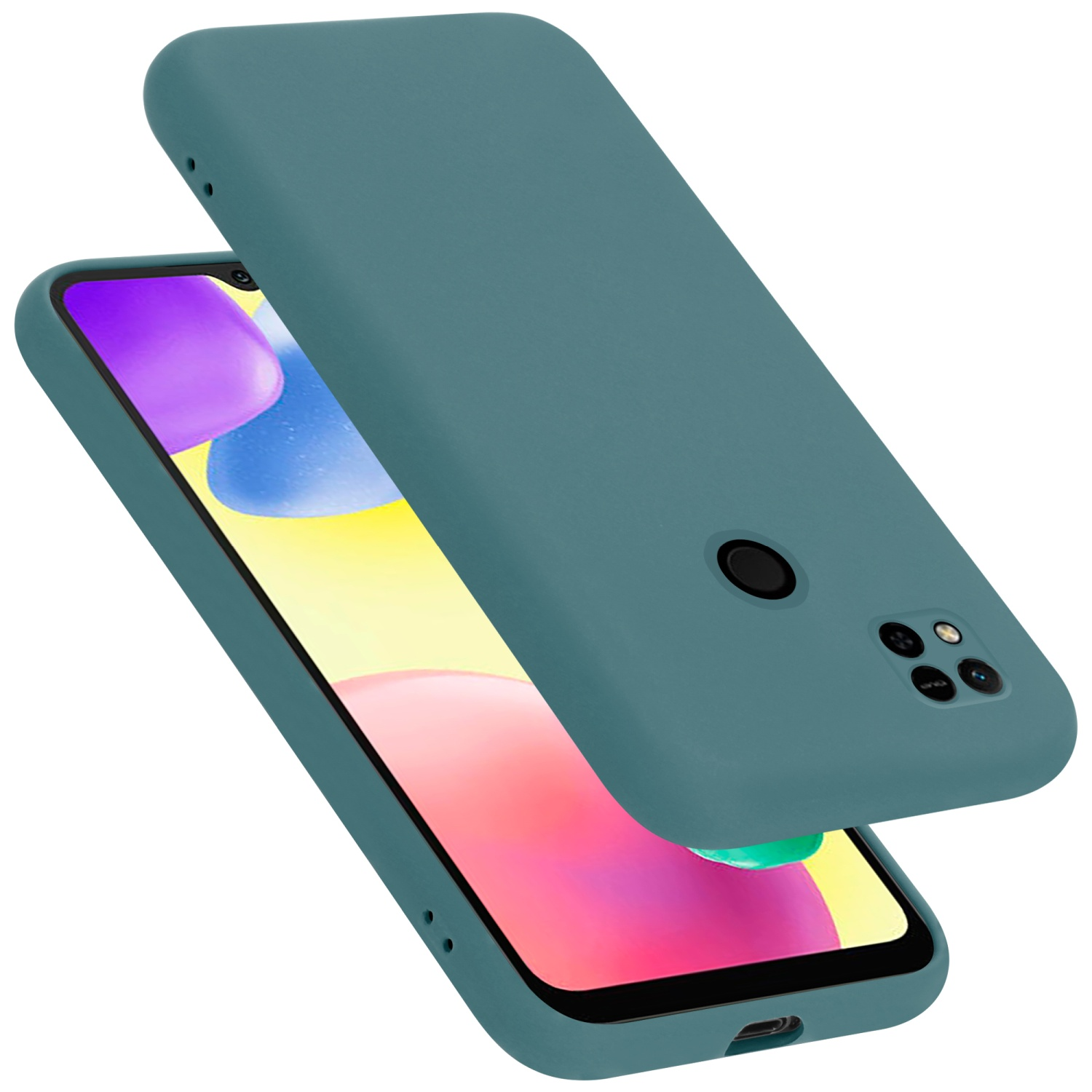 Türkise Handyhülle mit Telefon. Glatte Hülle. Das Telefon hat farbigen Bildschirm.