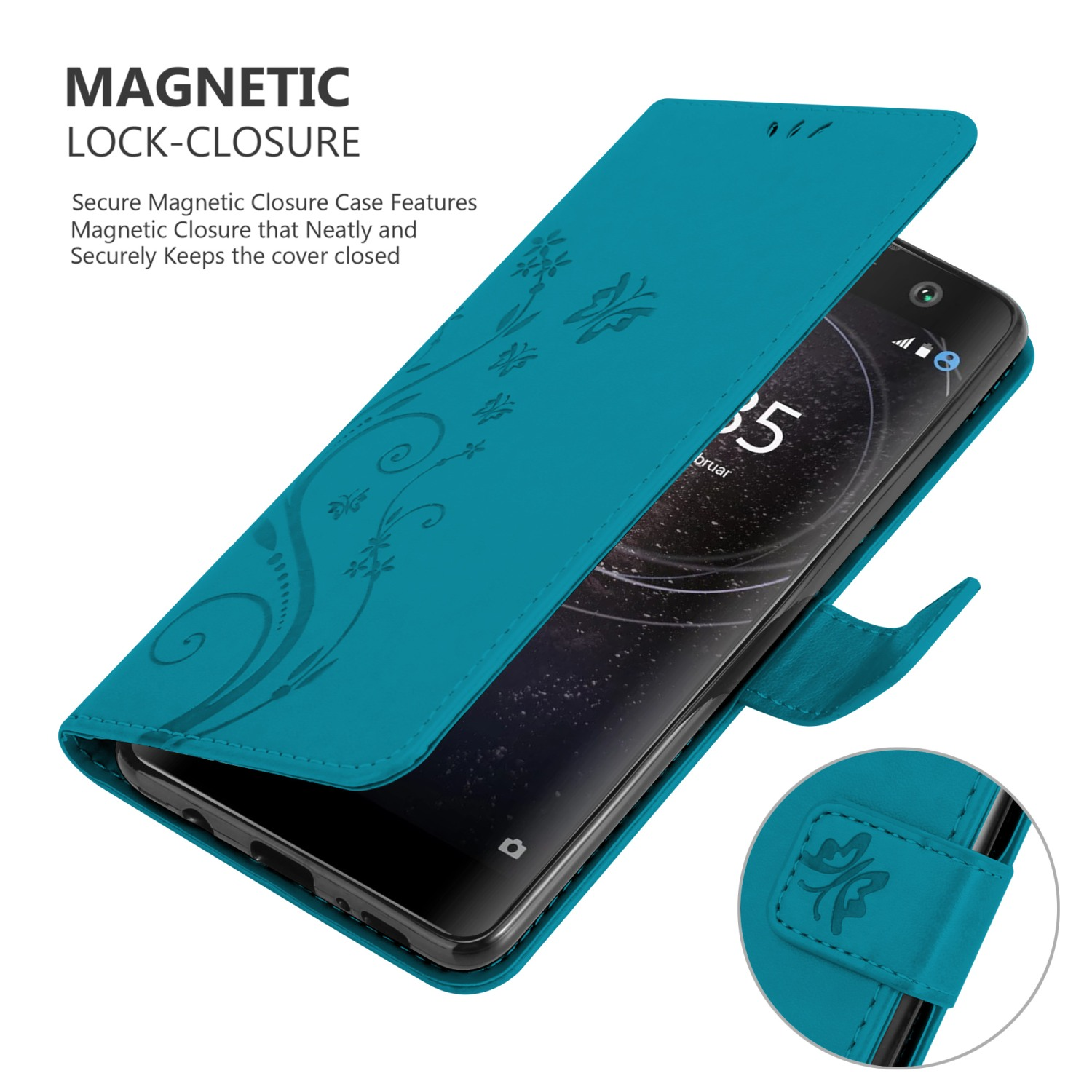 Una custodia per telefono verde acqua aperta, che rivela un telefono. La custodia ha una chiusura magnetica.