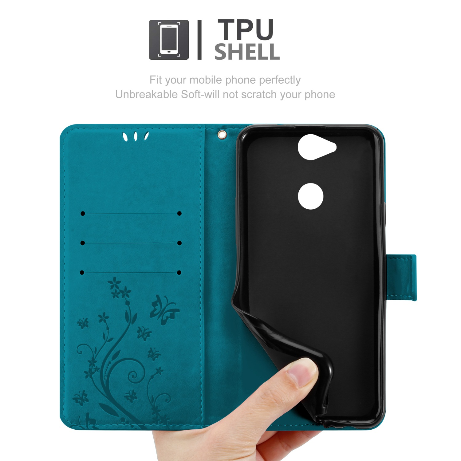 Custodia per telefono turchese aperta, che mostra il telefono all'interno. Fiori e farfalle sul design esterno.