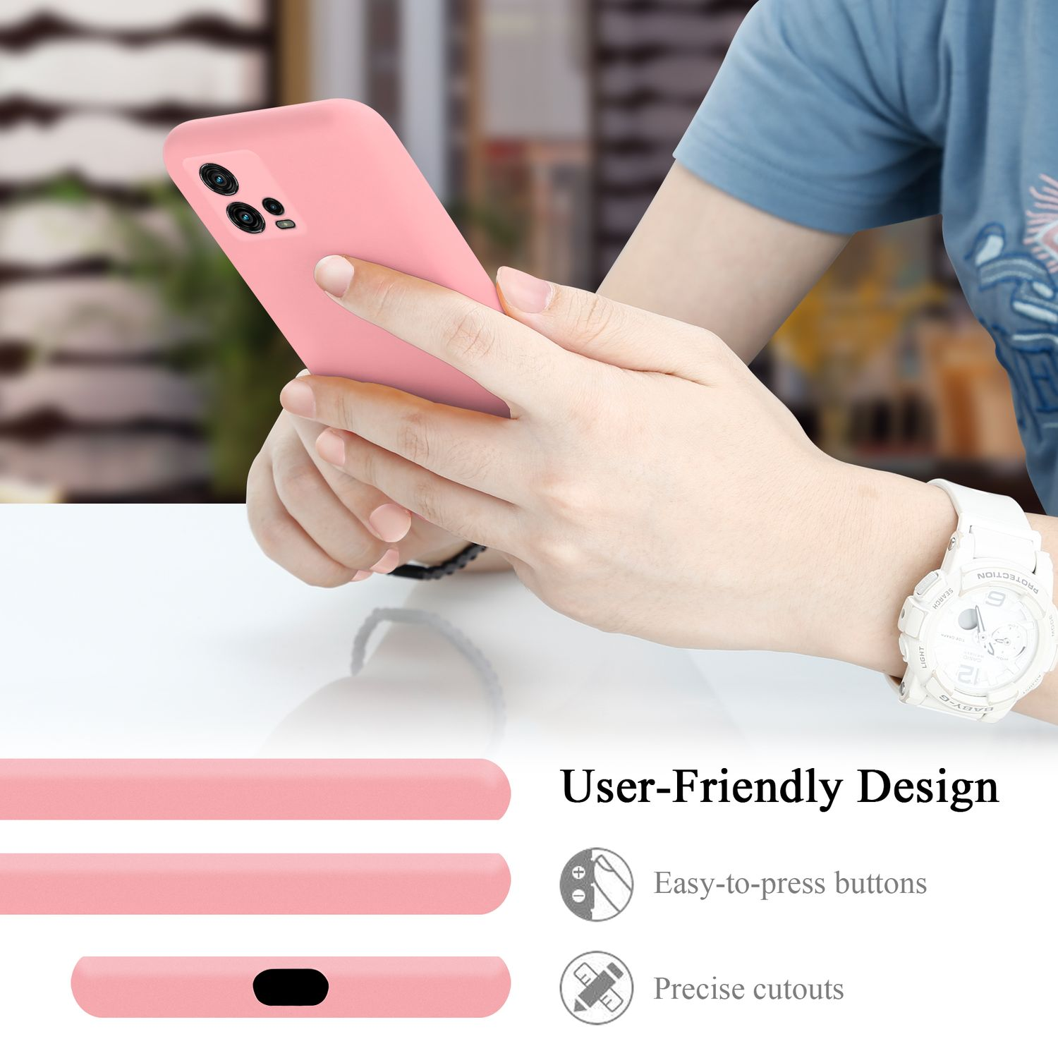Hände halten ein pinkes Telefon, benutzerfreundliche Designdetails sind sichtbar, mit Symbolen für Tasten und Ausschnitte.