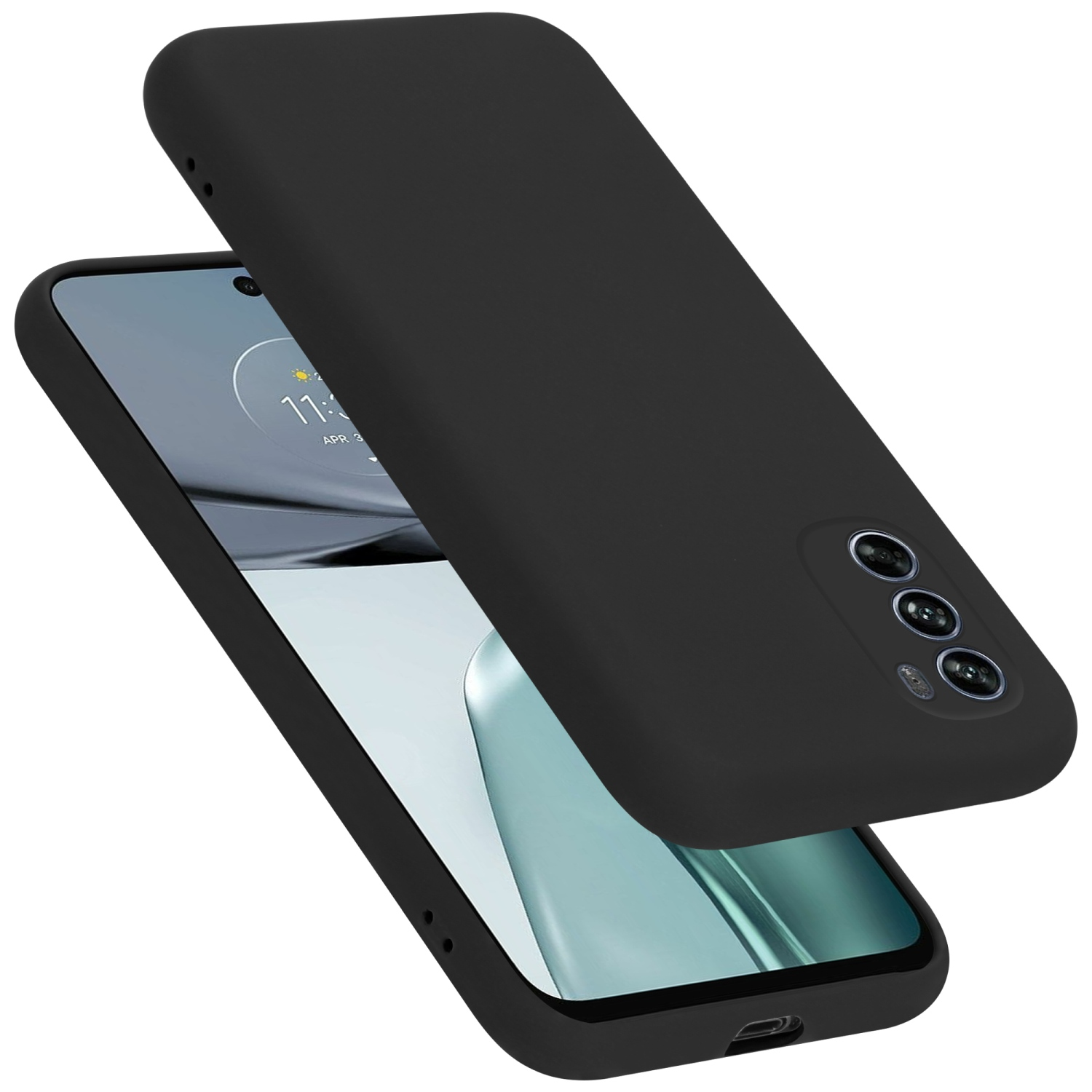 Schwarze Handyhülle mit Handy darin. Die Hülle ist teilweise geöffnet. Das Telefon hat einen Bildschirm.