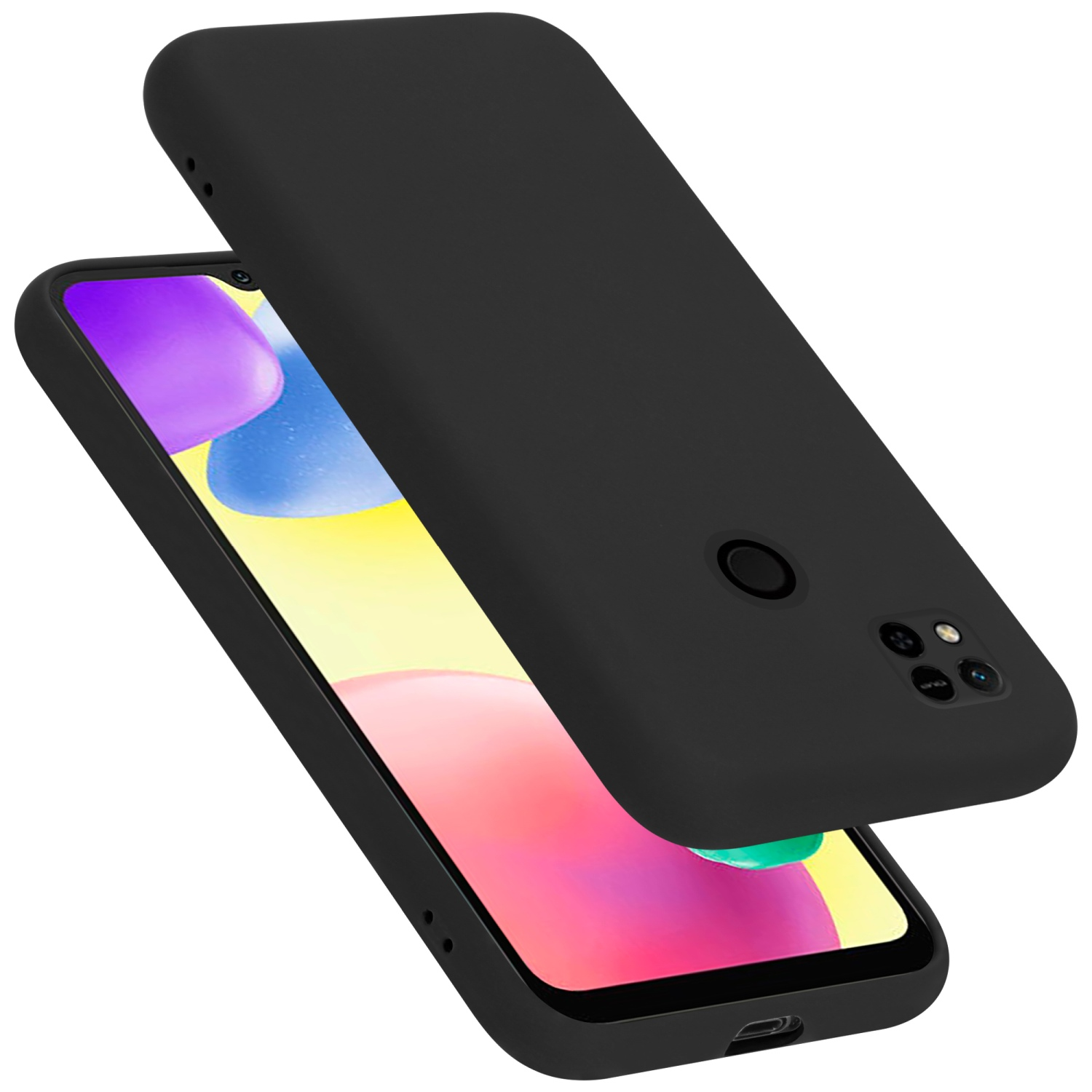 Schwarzes Telefon und schwarze Hülle. Telefon befindet sich in der Hülle. Zwei Rückkameras sind sichtbar. Hülle oben.