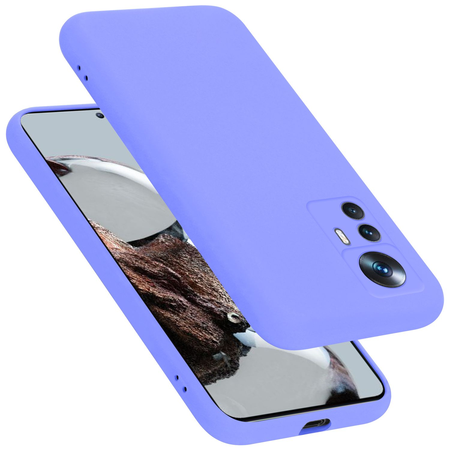 Ein hellviolettes Telefon mit einer hellvioletten Hülle. Das Telefon liegt auf der Hülle und ist leicht angewinkelt.