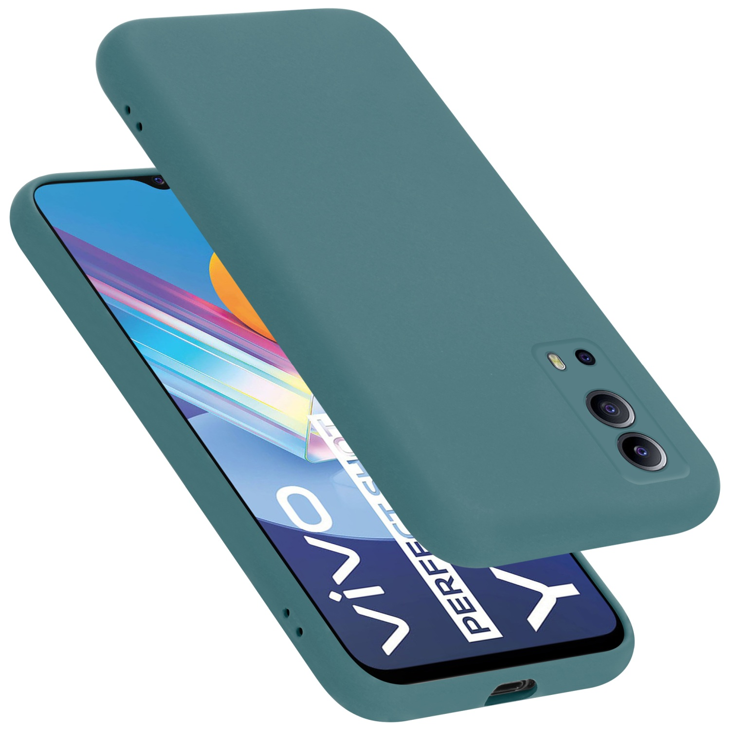 Eine türkisfarbene Handyhülle hält ein Telefon, leicht geöffnet. Das Telefon zeigt einen Bildschirm. Die Hülle ist türkis.