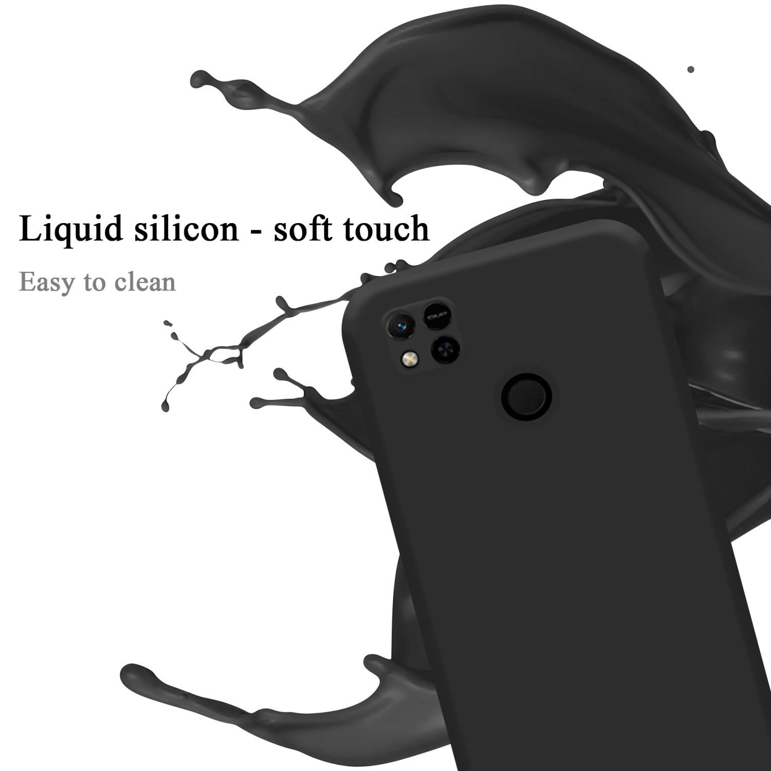 Schwarze Handyhülle mit vier Kameras. Schwarzer Flüssigkeitsspritzer im Hintergrund. Text: Flüssigsilikon - Soft-Touch.