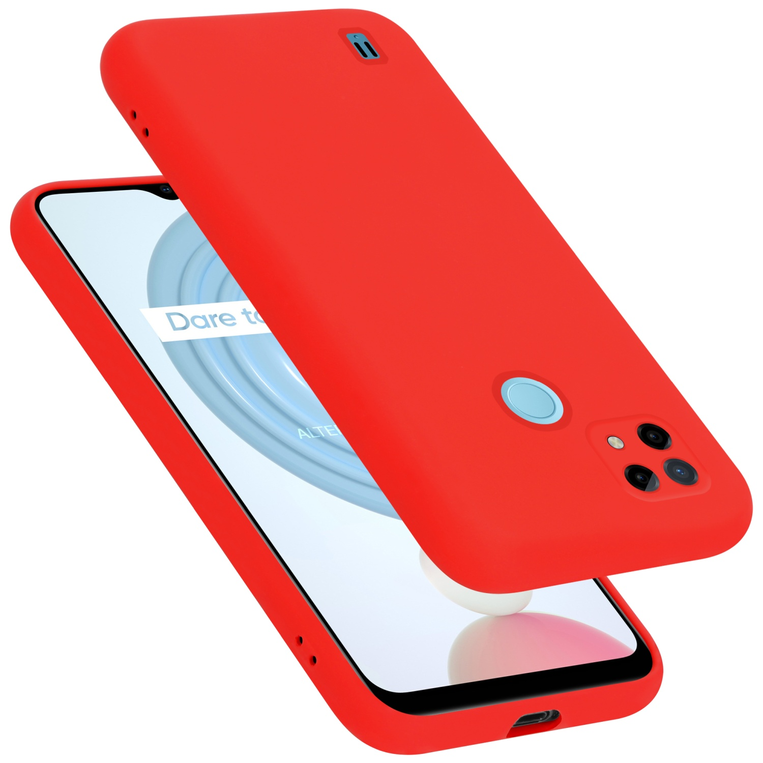 Rote Handyhülle mit Handy. Das Telefon ist rot und hat eine Kamera.