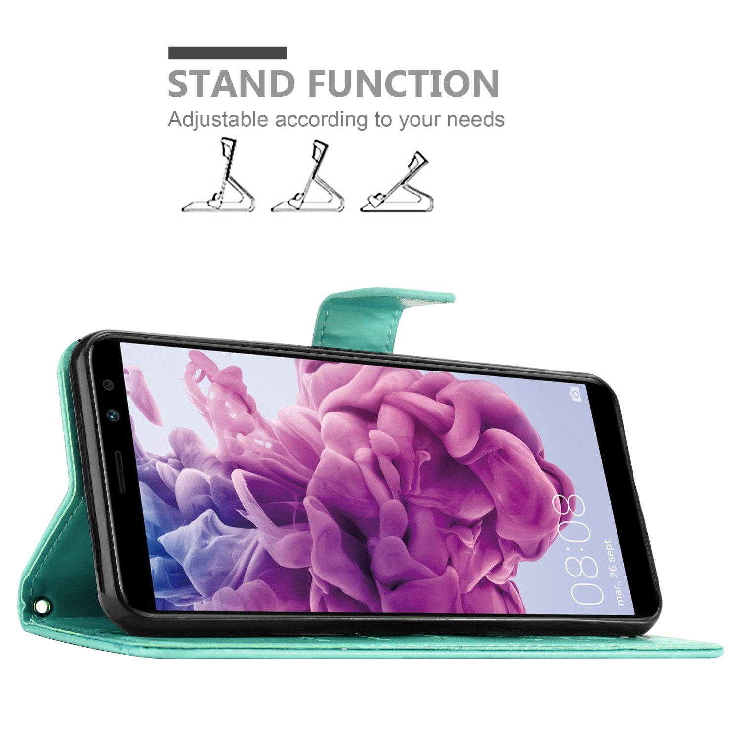 Ein Telefon in einer türkisfarbenen Hülle, geöffnet, um den Bildschirm anzuzeigen, mit Standfunktion.