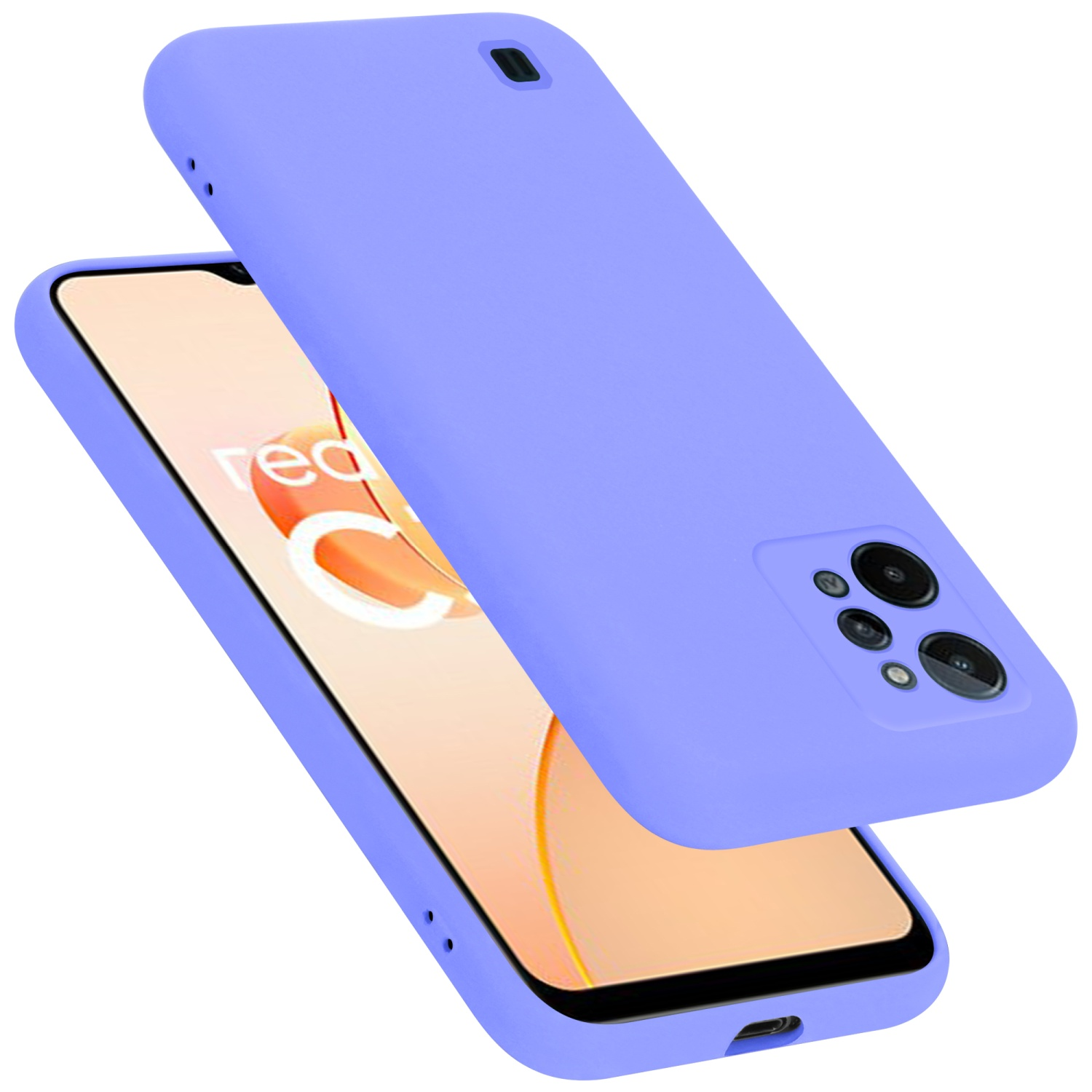 Lila Handyhülle für ein Realme-Telefon. Das Telefon ist sichtbar. Die Hülle ist lila, mit dem Realme-Logo.