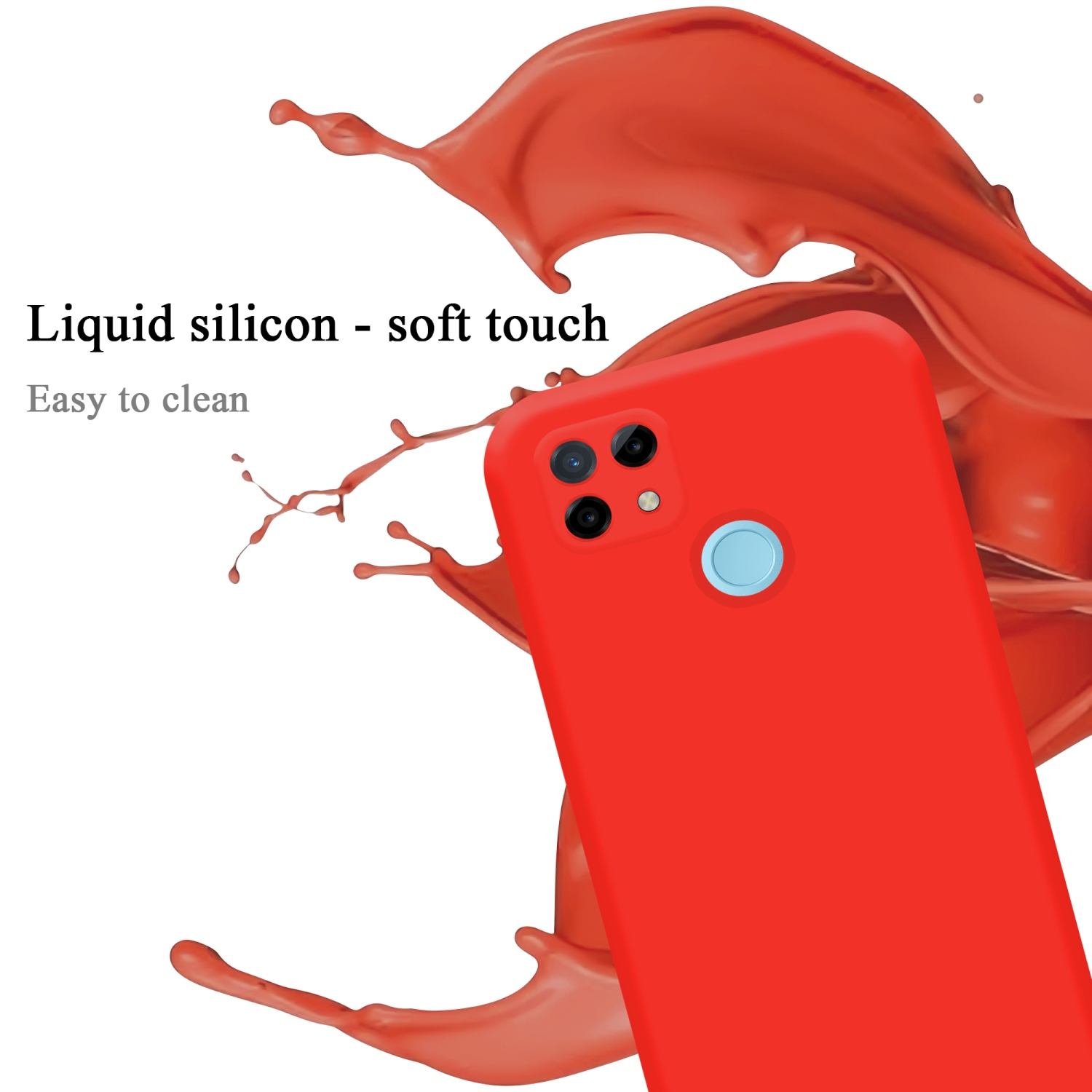Eine rote Handyhülle mit einem Telefon darin. Flüssiges Silikon und Soft-Touch-Eigenschaften werden erwähnt.