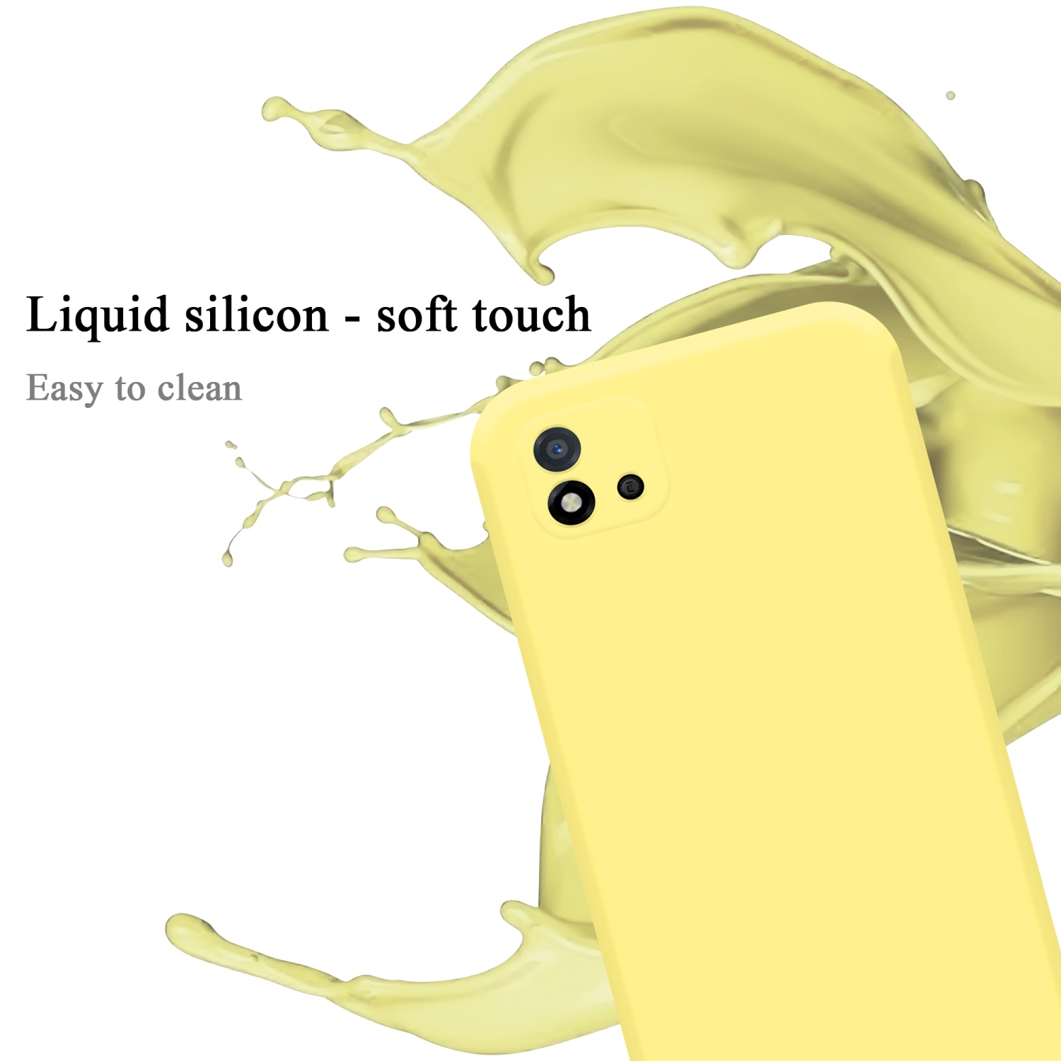 Gelbe Handyhülle mit Telefon, Spritzer gelber Flüssigkeit auf weißem Hintergrund.