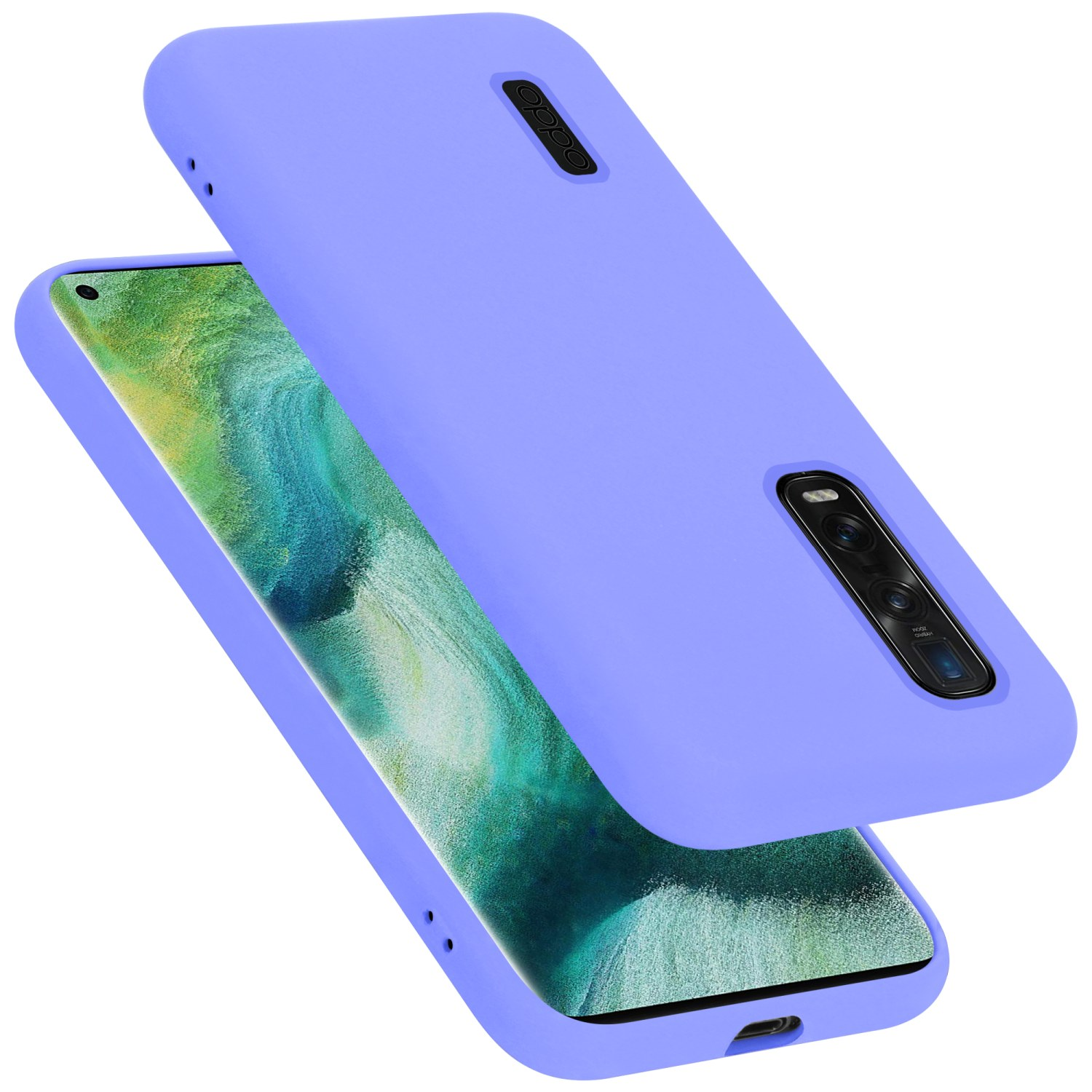 Lila Handyhülle und Telefon. Die Hülle ist geöffnet und zeigt den Bildschirm des Telefons.