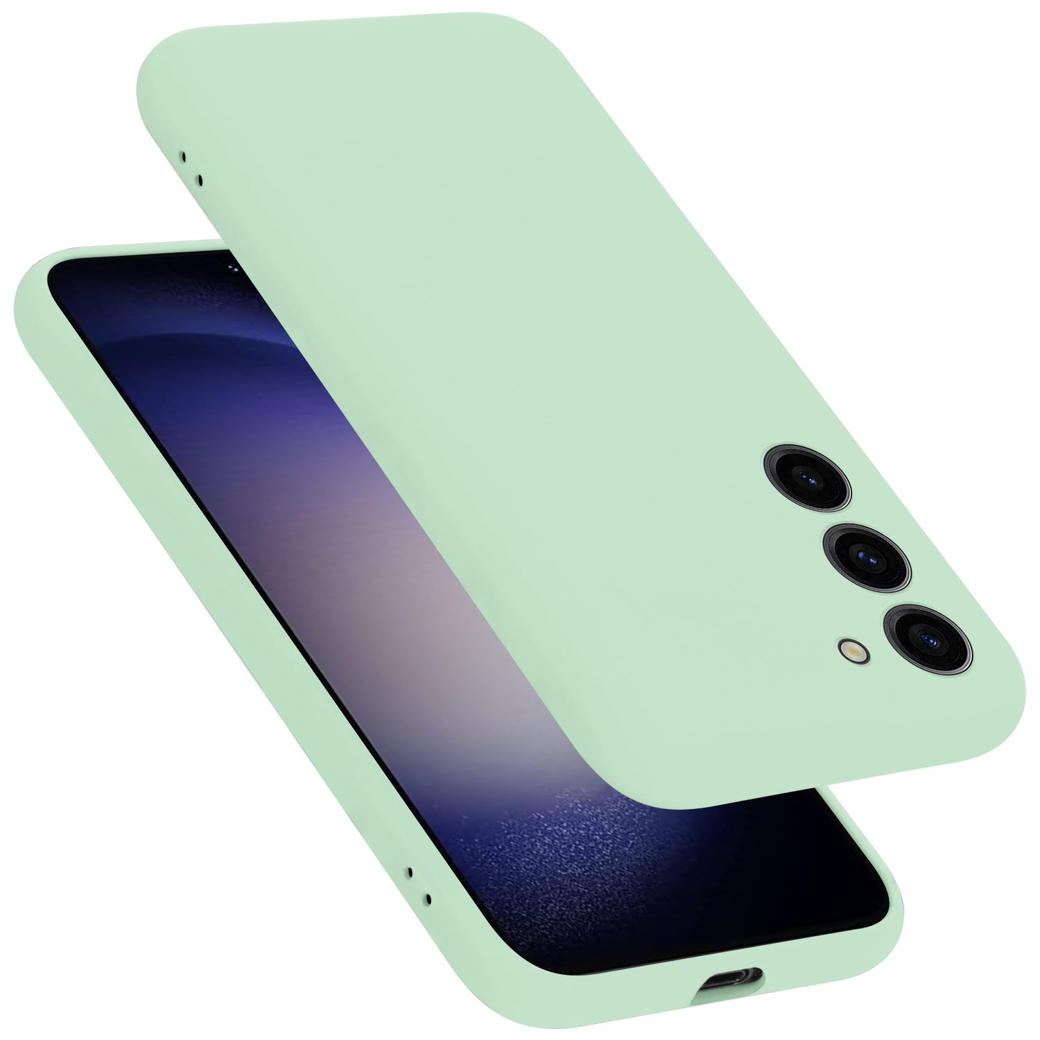 Custodia verde su un telefono. Sfondo bianco.