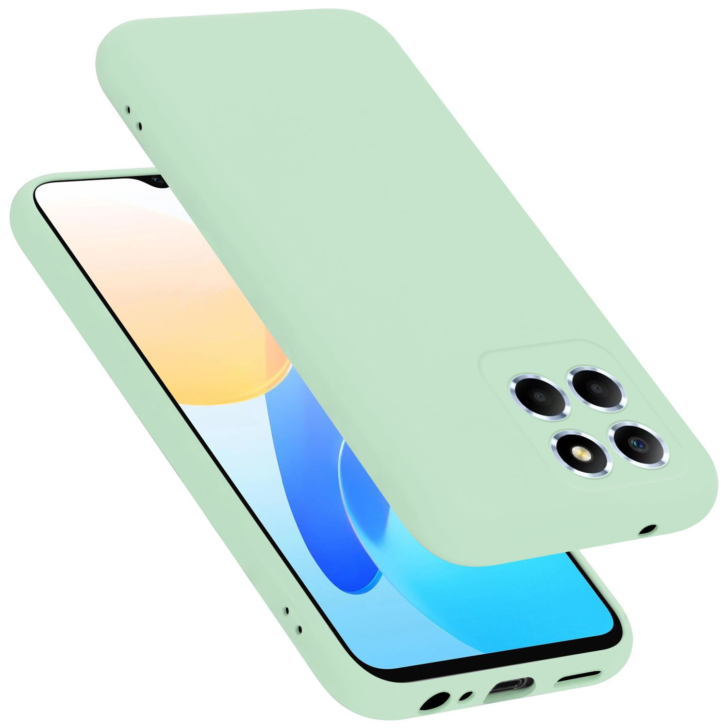 Grüne Handyhülle mit Handy. Das Telefon ist grün und hat eine Kamera.