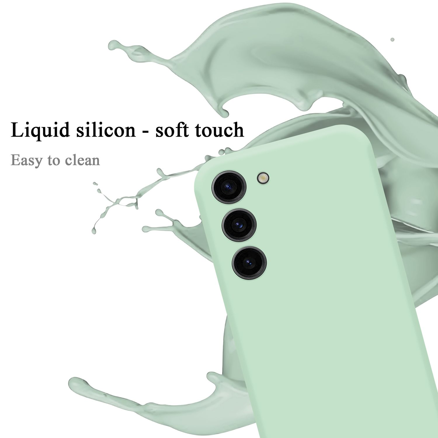 Custodia per telefono verde menta con tre obiettivi della fotocamera. Il testo dice 'Silicone liquido - tocco morbido'.