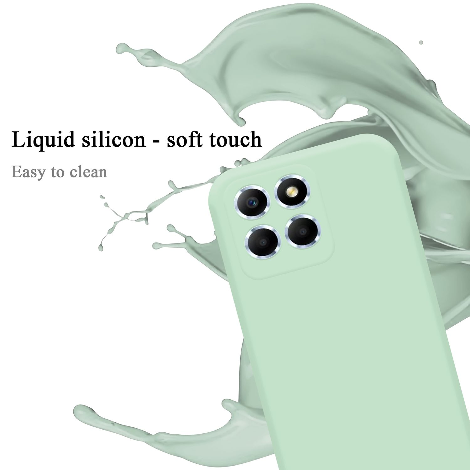 Hellgrüne Handyhülle mit Spritzer und Kameradetails. Text: Flüssigsilikon - Soft-Touch, leicht zu reinigen.