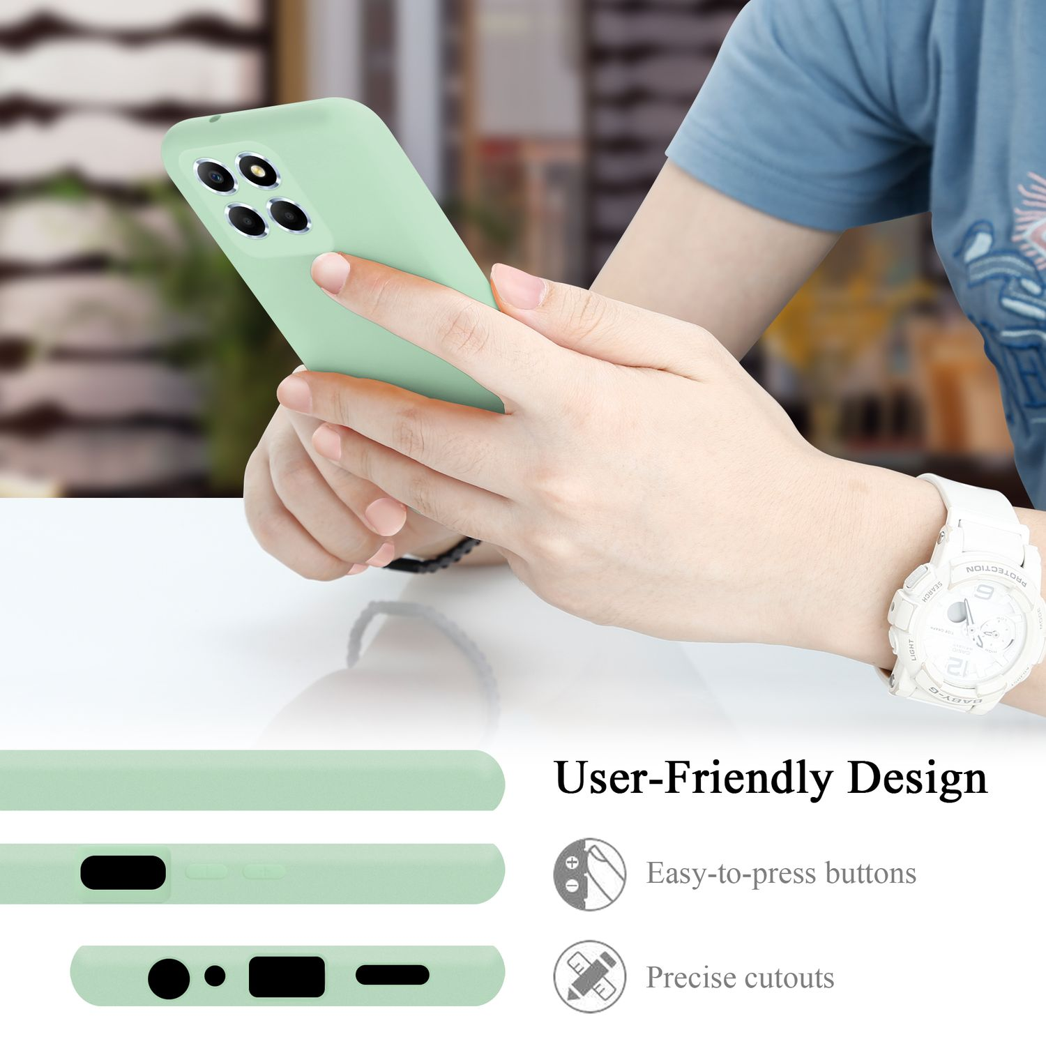 Person hält ein hellgrünes Telefon. Weiße Uhr am Handgelenk. Details zum Design werden ebenfalls gezeigt.