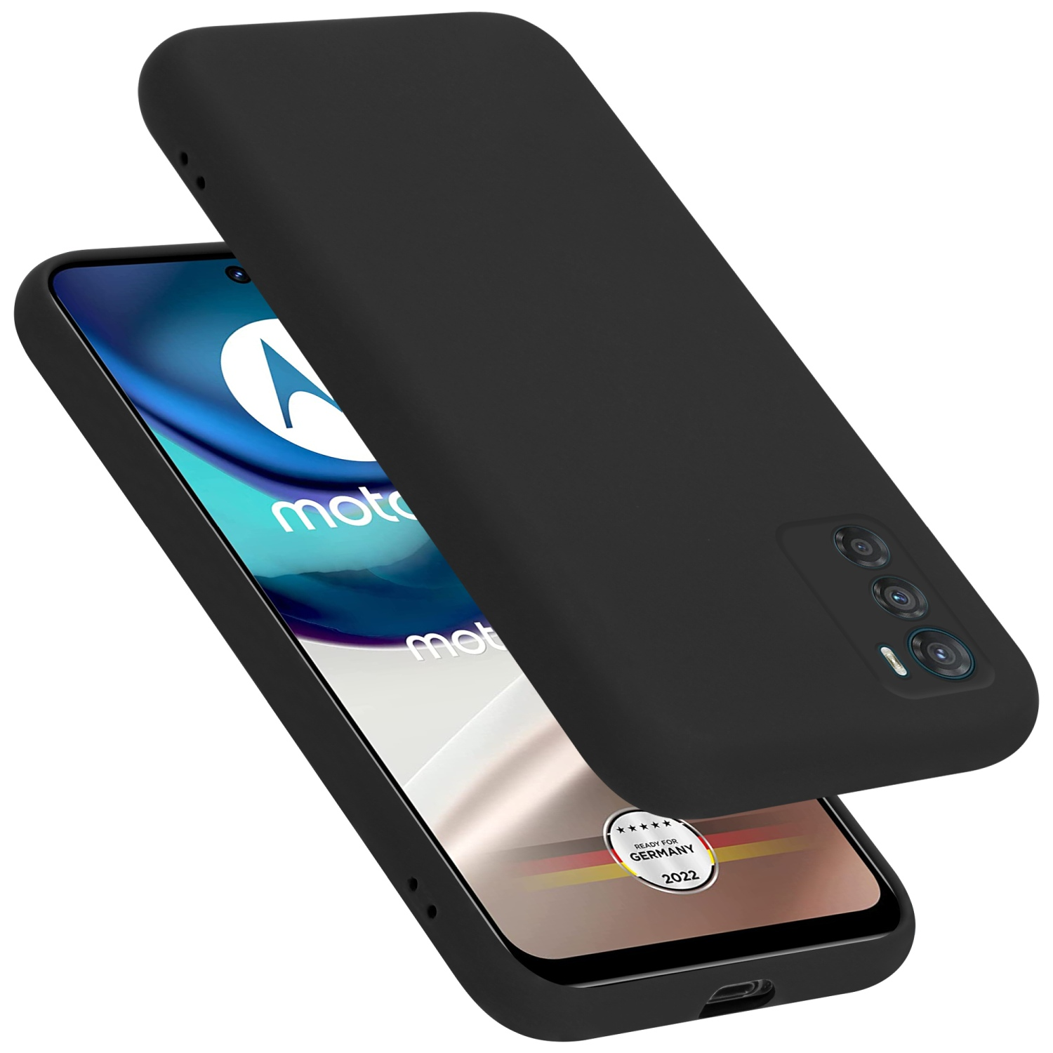 Schwarze Handyhülle und Telefon. Telefon hat Kamera-Array. Hülle liegt über dem Telefon.
