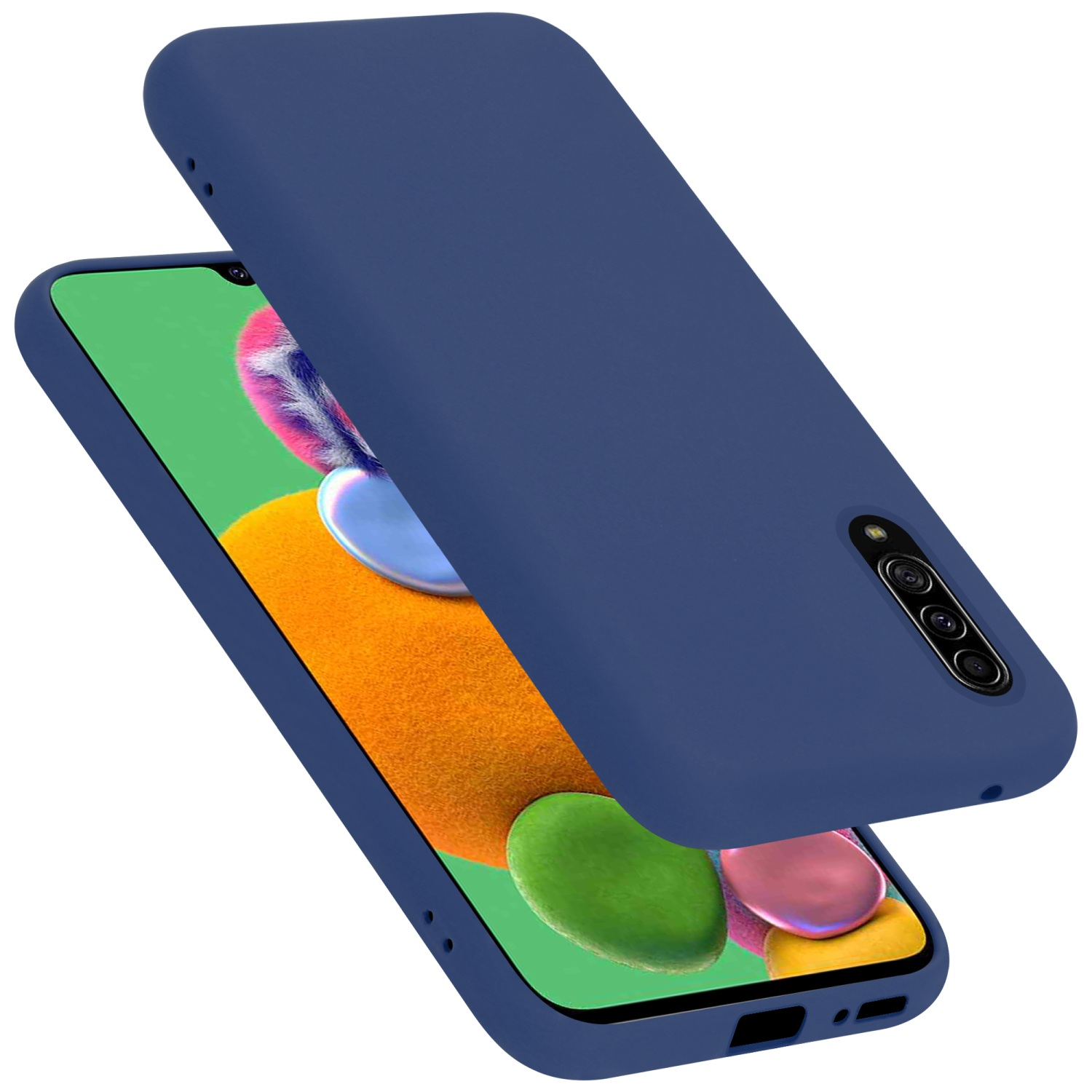Blaue Handyhülle auf einem Telefon. Weißer Hintergrund.