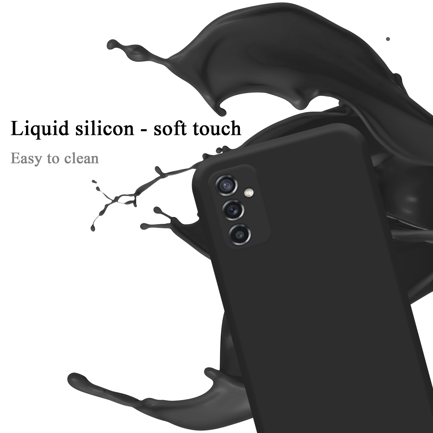 Custodia nera per telefono con schizzo di liquido su bianco. Testo: Silicone liquido - tocco morbido.