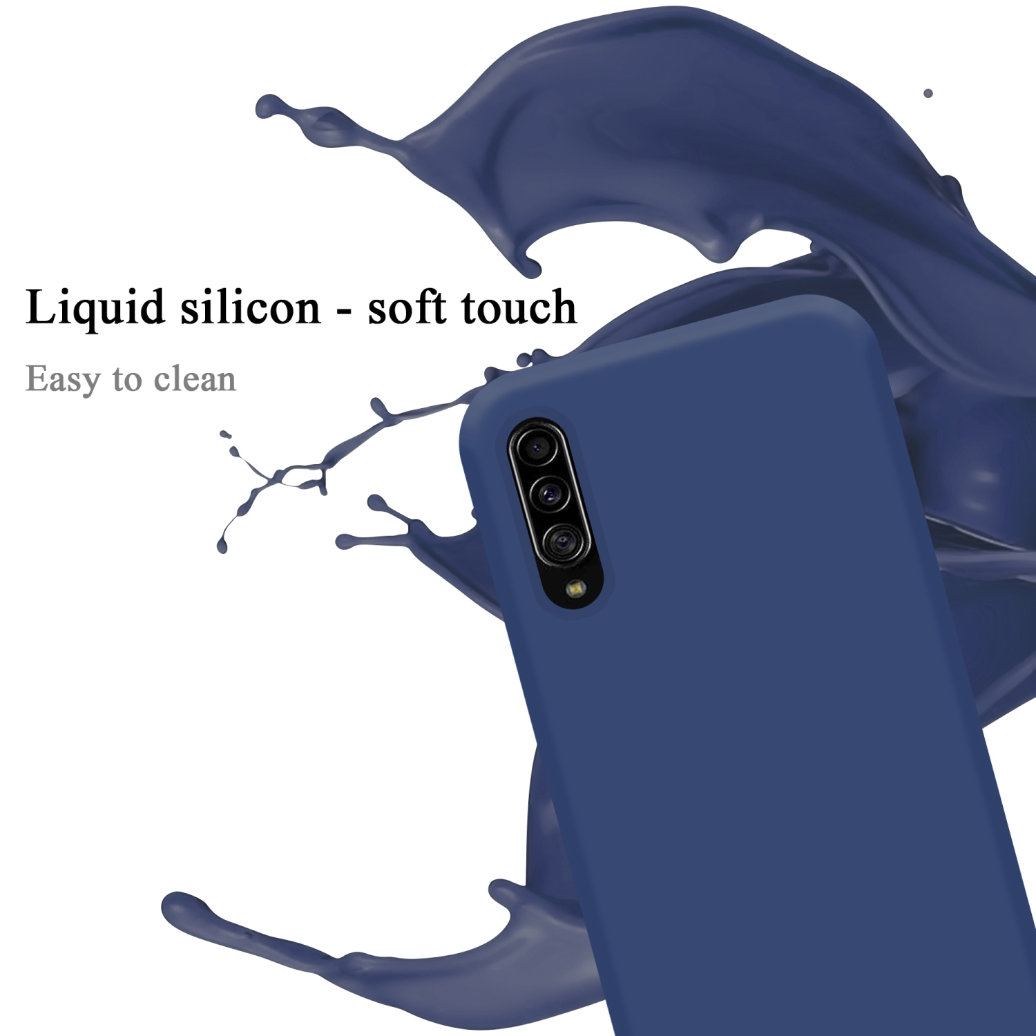 Blaue Handyhülle mit blauem Flüssigkeitsspritzer und den Worten Flüssigsilikon - Soft-Touch.