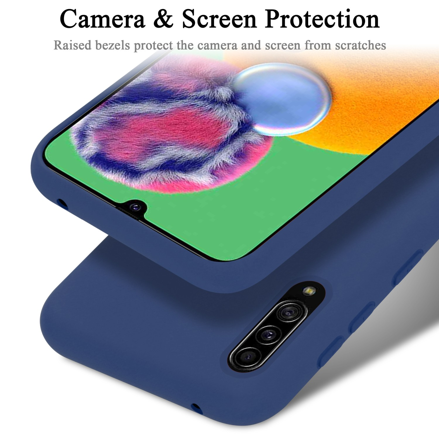 Ein Telefon in einer blauen Hülle. Erhöhte Blenden schützen Kamera und Bildschirm vor Kratzern.