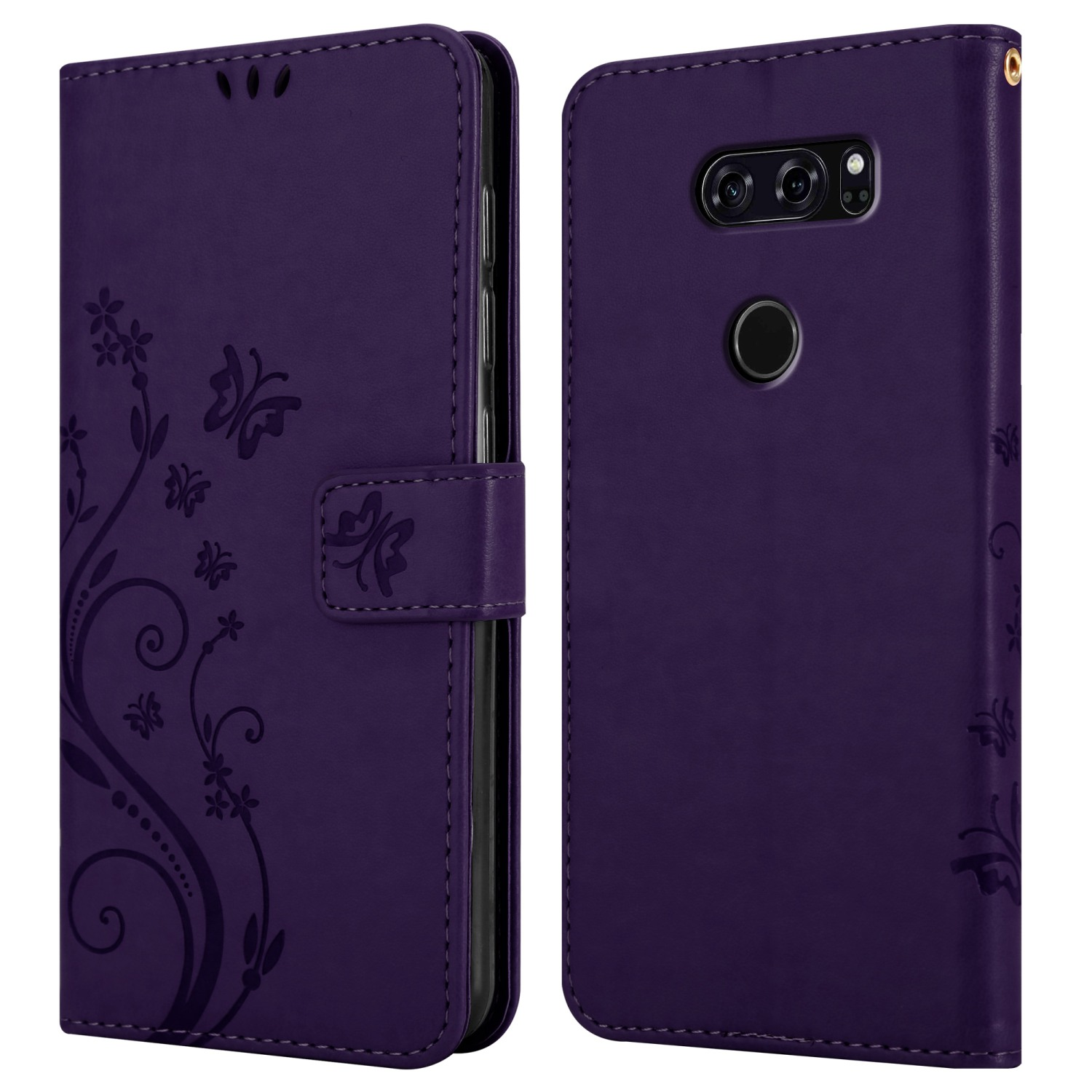 Eine lila Handyhülle mit floralem Design. Beide Seiten sind sichtbar.