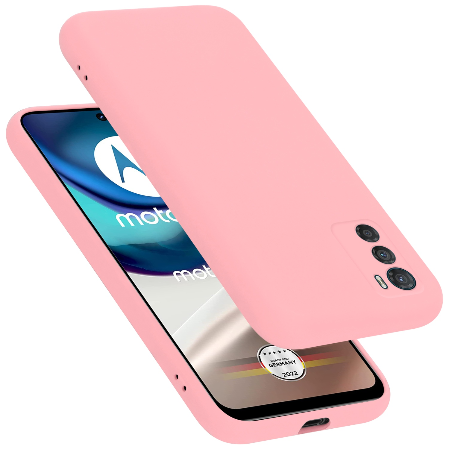 Eine rosa Handyhülle mit einem Telefon darin. Die Rückseite der Handyhülle hat ein Logo.