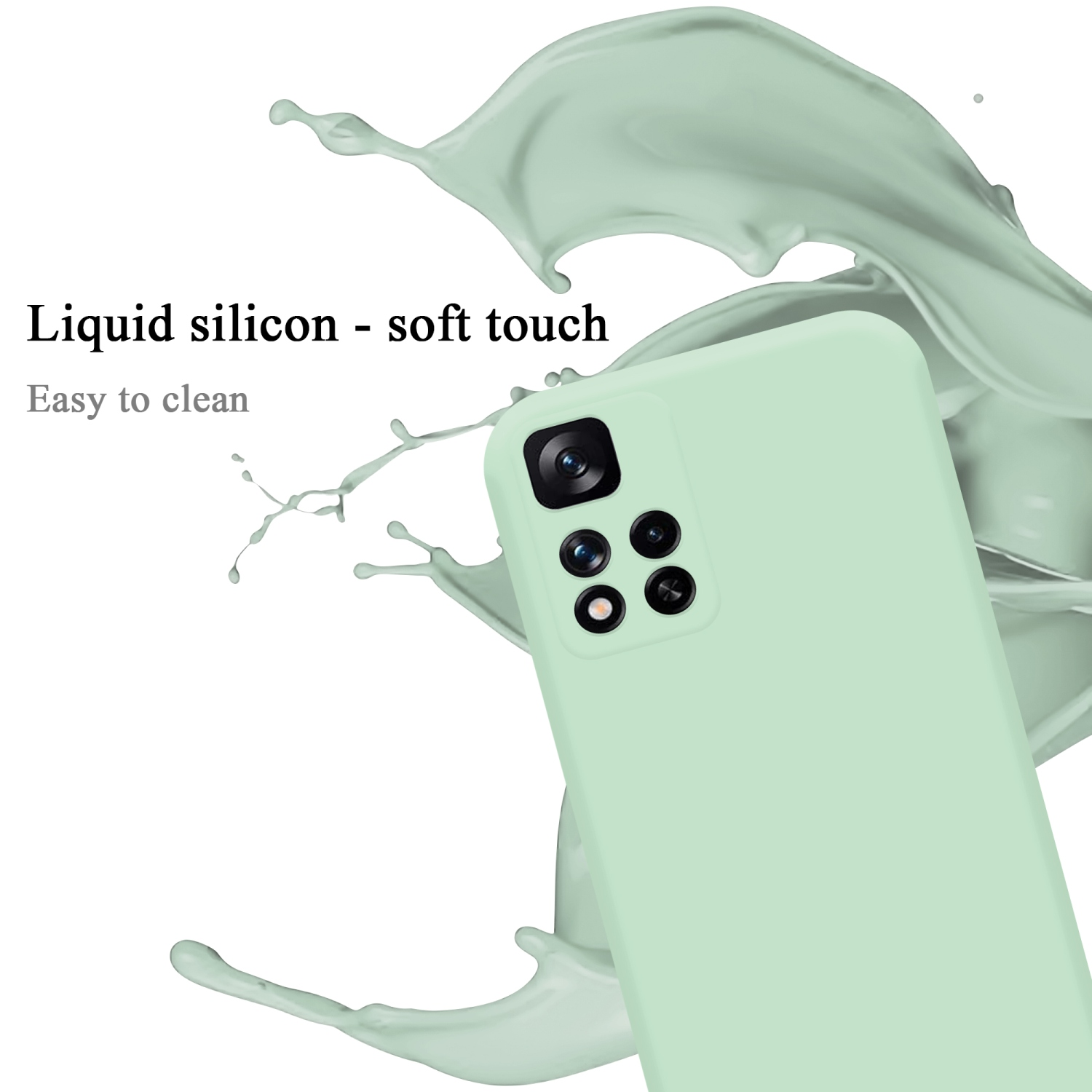 Una custodia per telefono verde chiaro con un telefono sopra, effetto splash di liquido sullo sfondo.