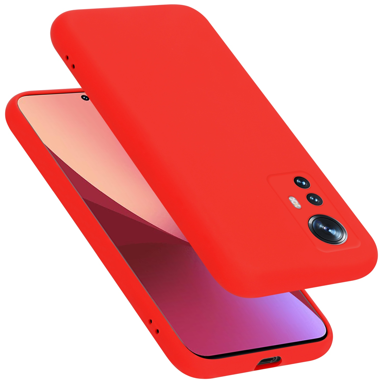 Rote Handyhülle auf einem Telefon; weißer Hintergrund. Telefonbildschirm sichtbar.