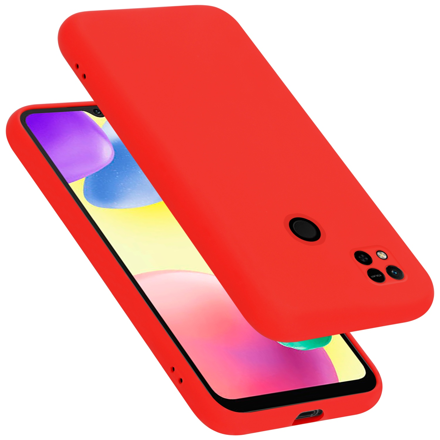 Rote Handyhülle mit rotem Telefon im Inneren. Weißer Hintergrund.