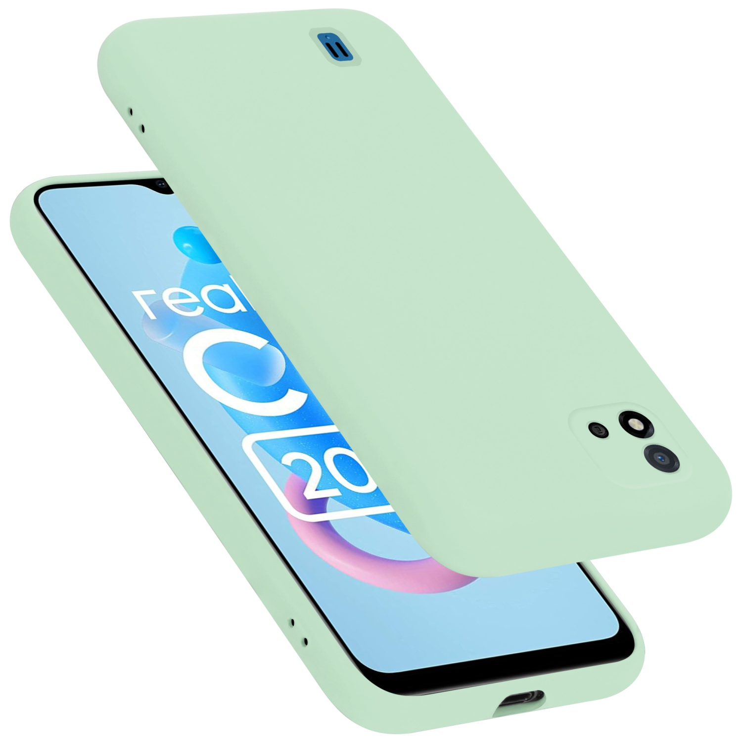 Grüne Handyhülle mit Handy innen. Die Hülle ist offen. Das Handy hat einen weiß-blauen Bildschirm.
