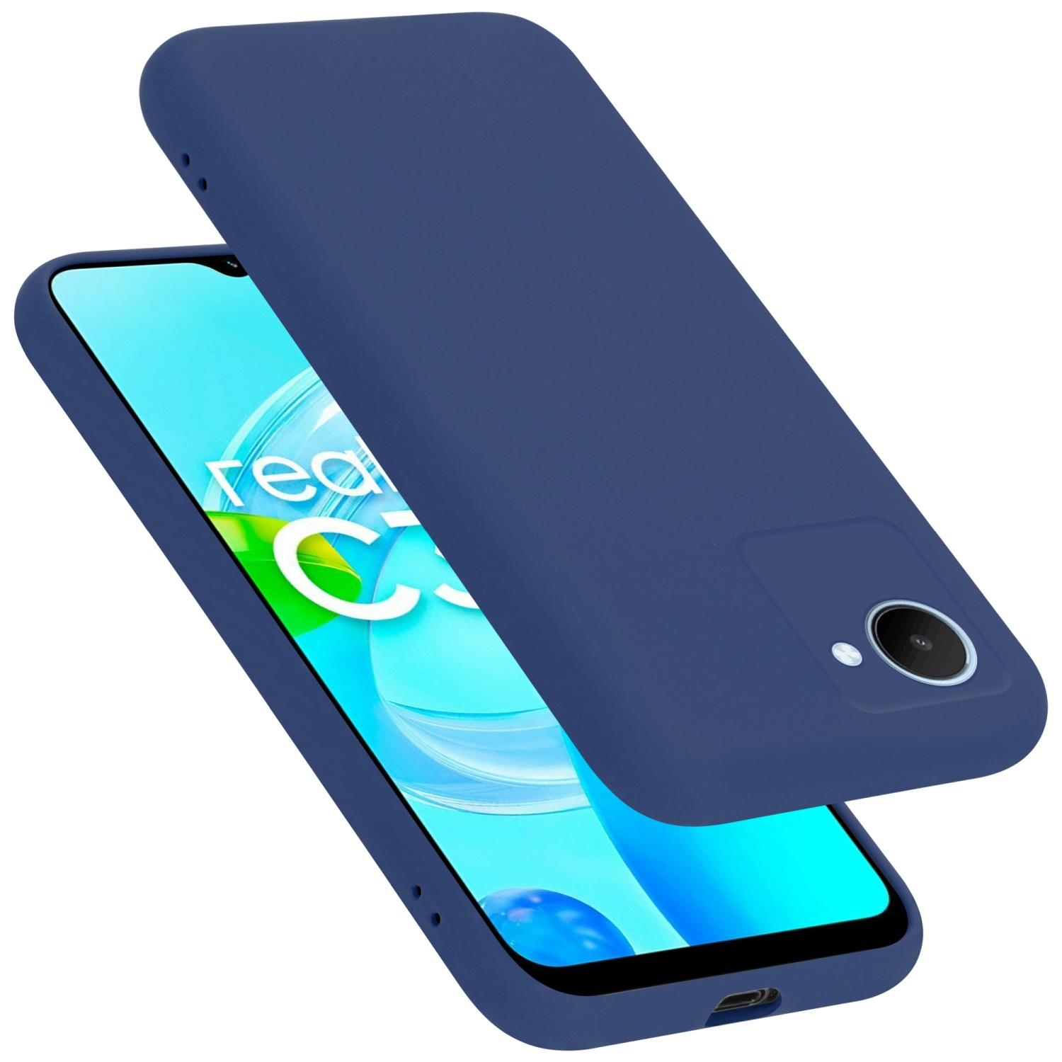 Blaue Handyhülle und Telefon. Das Telefon zeigt einen blauen Hintergrund und das Logo.