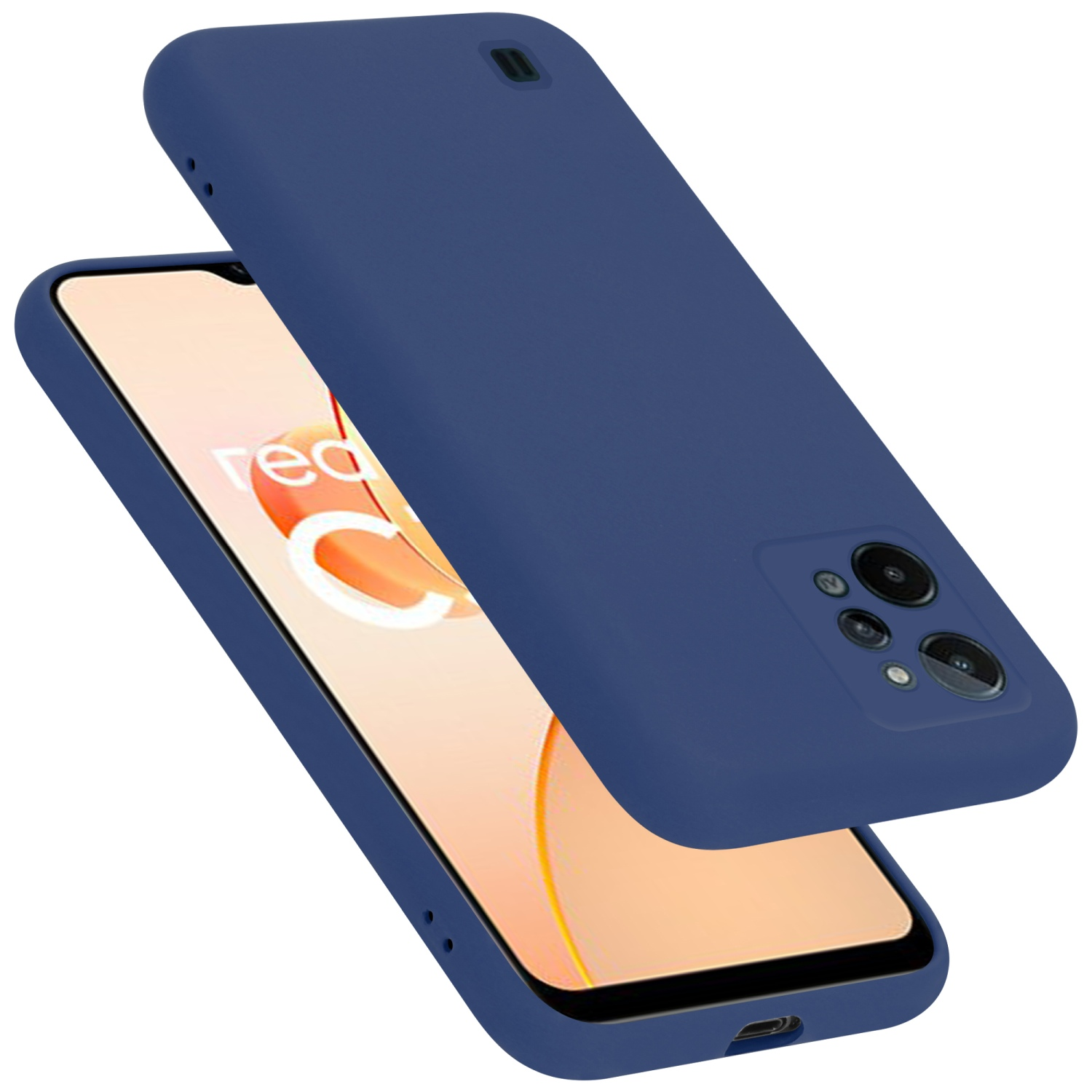Dunkelblaue Handyhülle mit Handy innen. Die Hülle ist offen. Das Handy hat einen weiß-gelben Bildschirm.