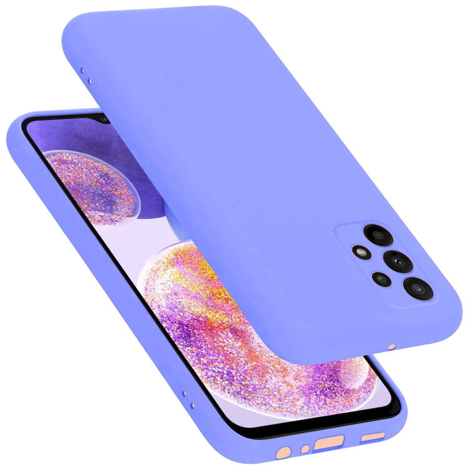 Eine lila Handyhülle über einem Telefon. Die Kamera ist sichtbar. Weißer Hintergrund.