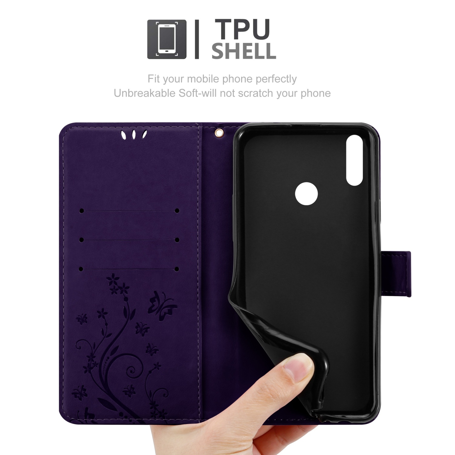 Étui de téléphone violet avec motif floral, ouvert pour révéler un étui noir.