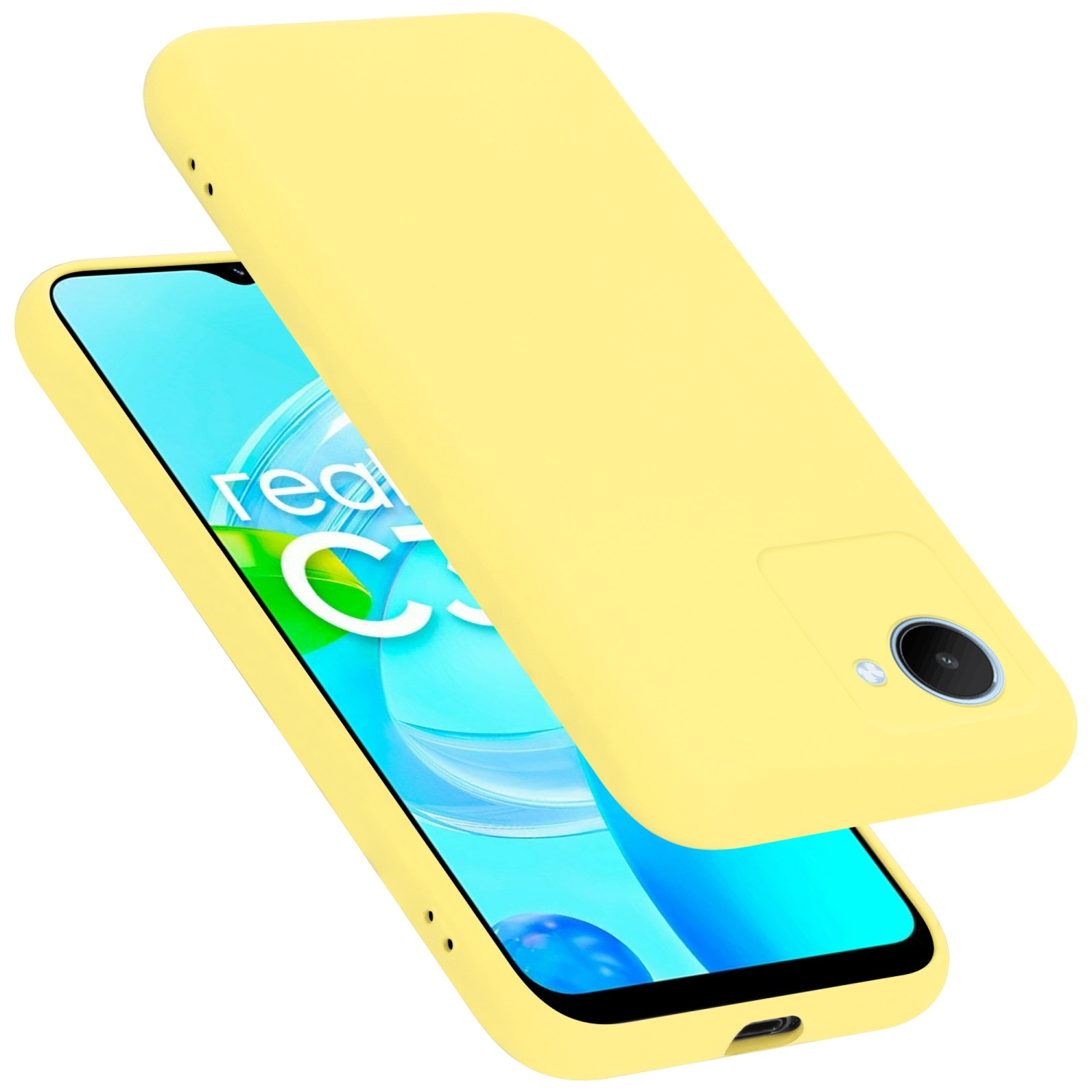 Eine gelbe Handyhülle umgibt ein Telefon. Das Telefon ist leicht geöffnet. Die Hülle und das Telefon sind gelb.