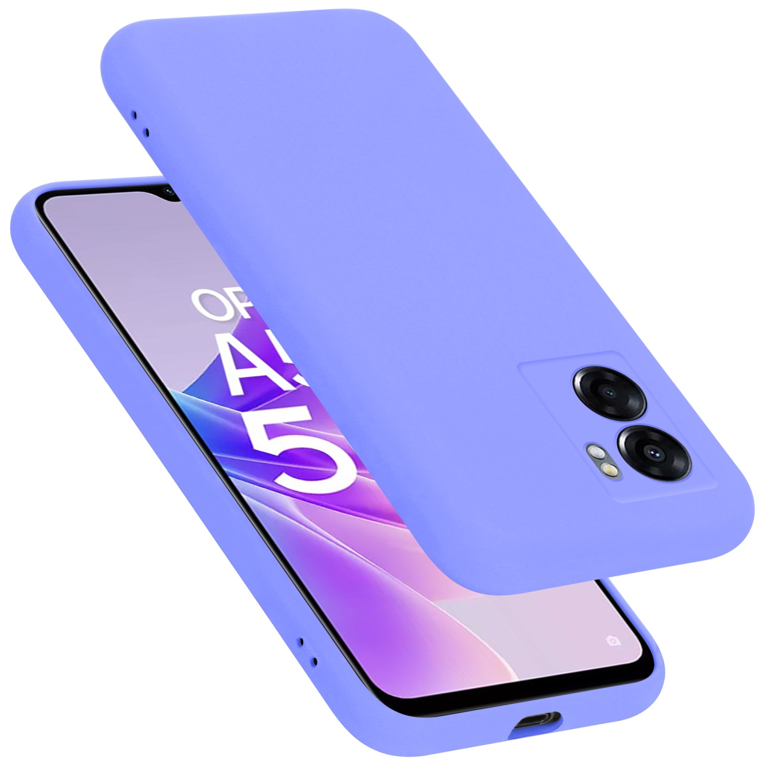 Eine hellviolette Handyhülle mit einem Telefon darin. Das Telefon hat eine lila Hülle.