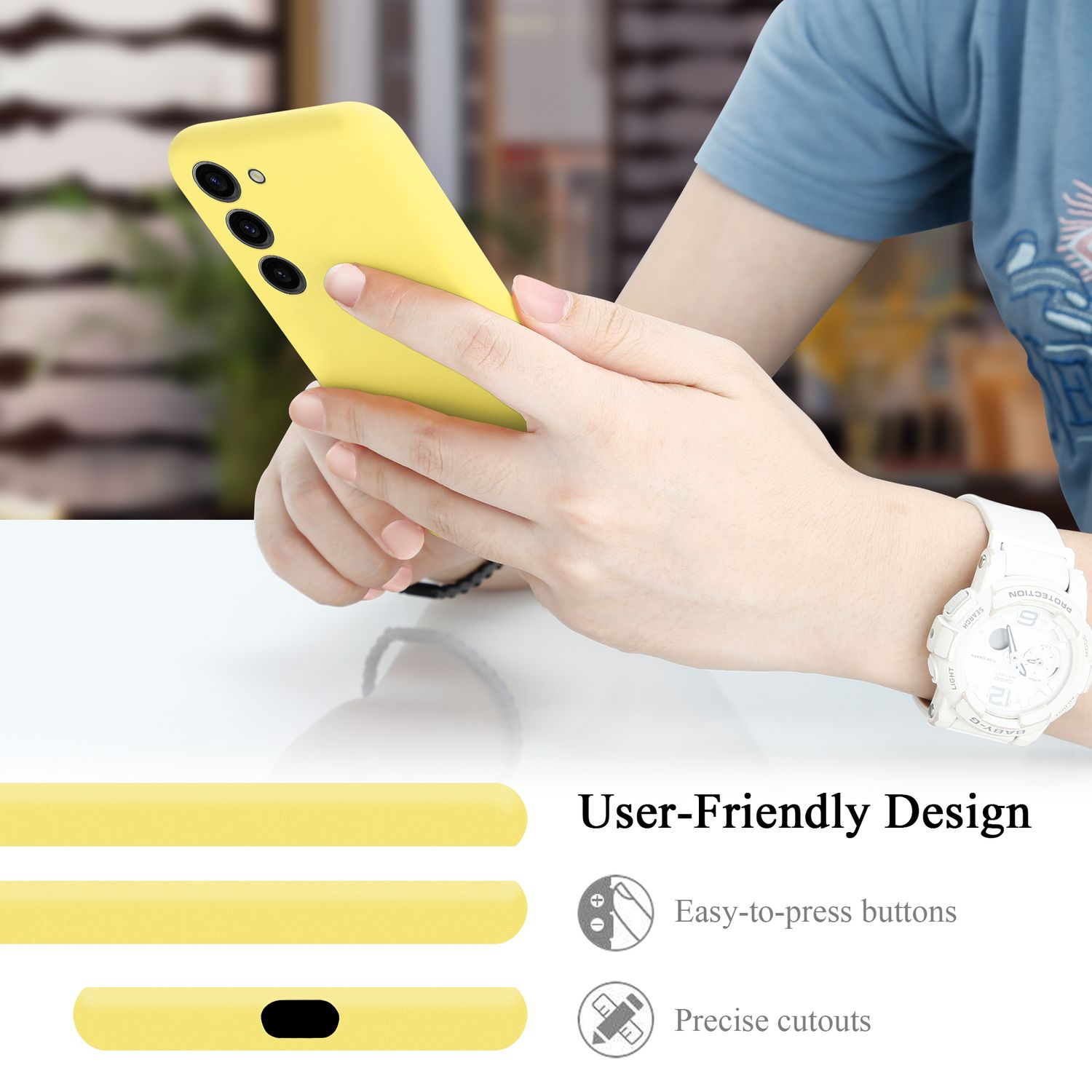 Eine gelbe Handyhülle in einer Hand. Der Text zeigt benutzerfreundliches Design, leicht zu drückende Tasten und präzise Aussparungen.