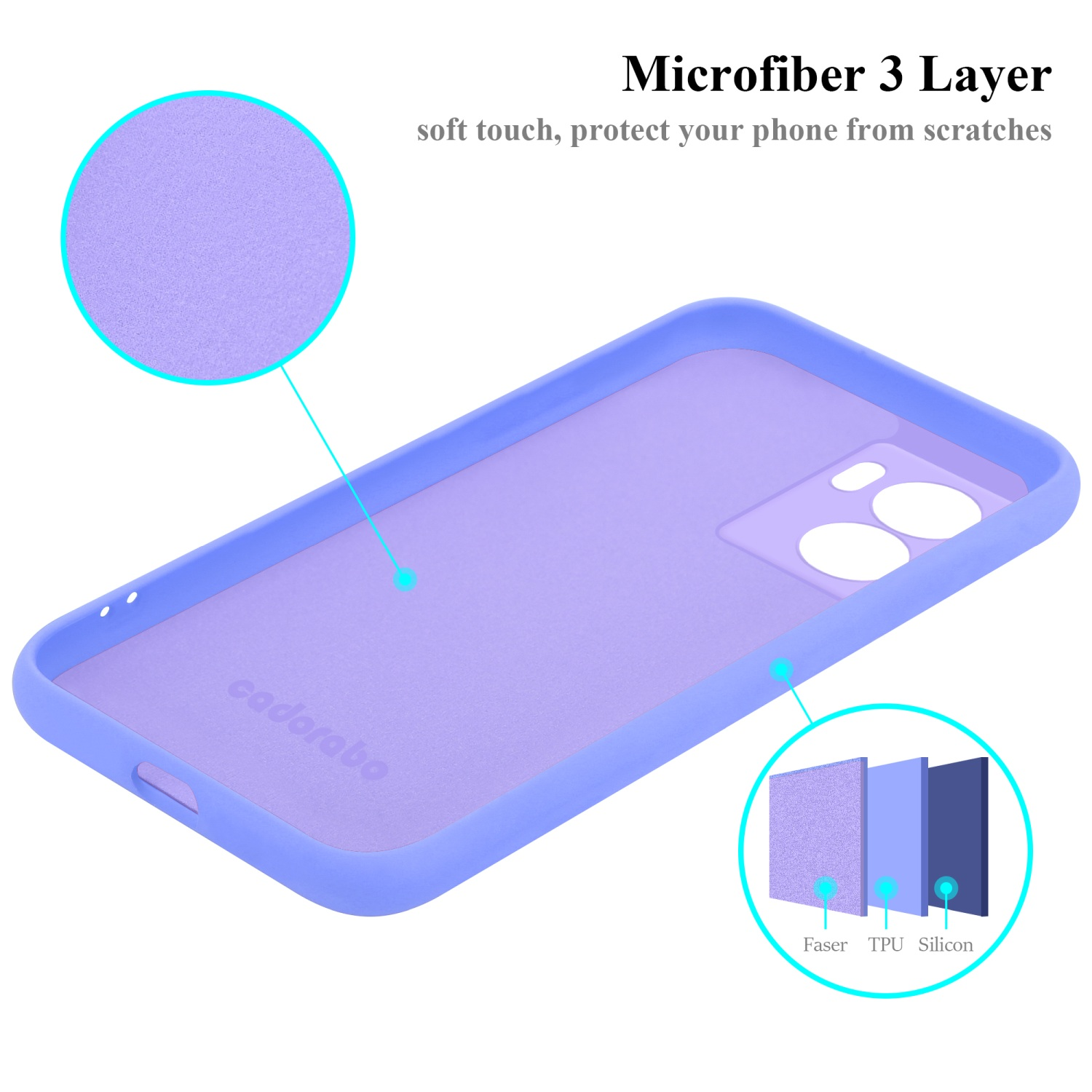 Lila Handyhülle mit Diagrammen, die Schichten aus Faser, TPU und Silikon zeigen. Text: Microfiber 3 Layer.