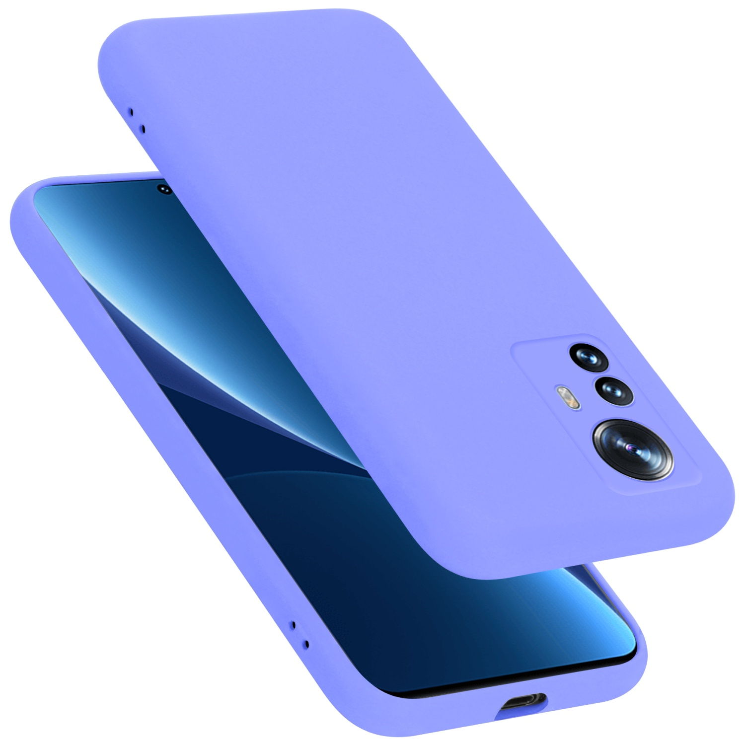 Lila Handyhülle mit Telefon. Lila Hülle, Telefon mit Bildschirm, schräge Ansicht.