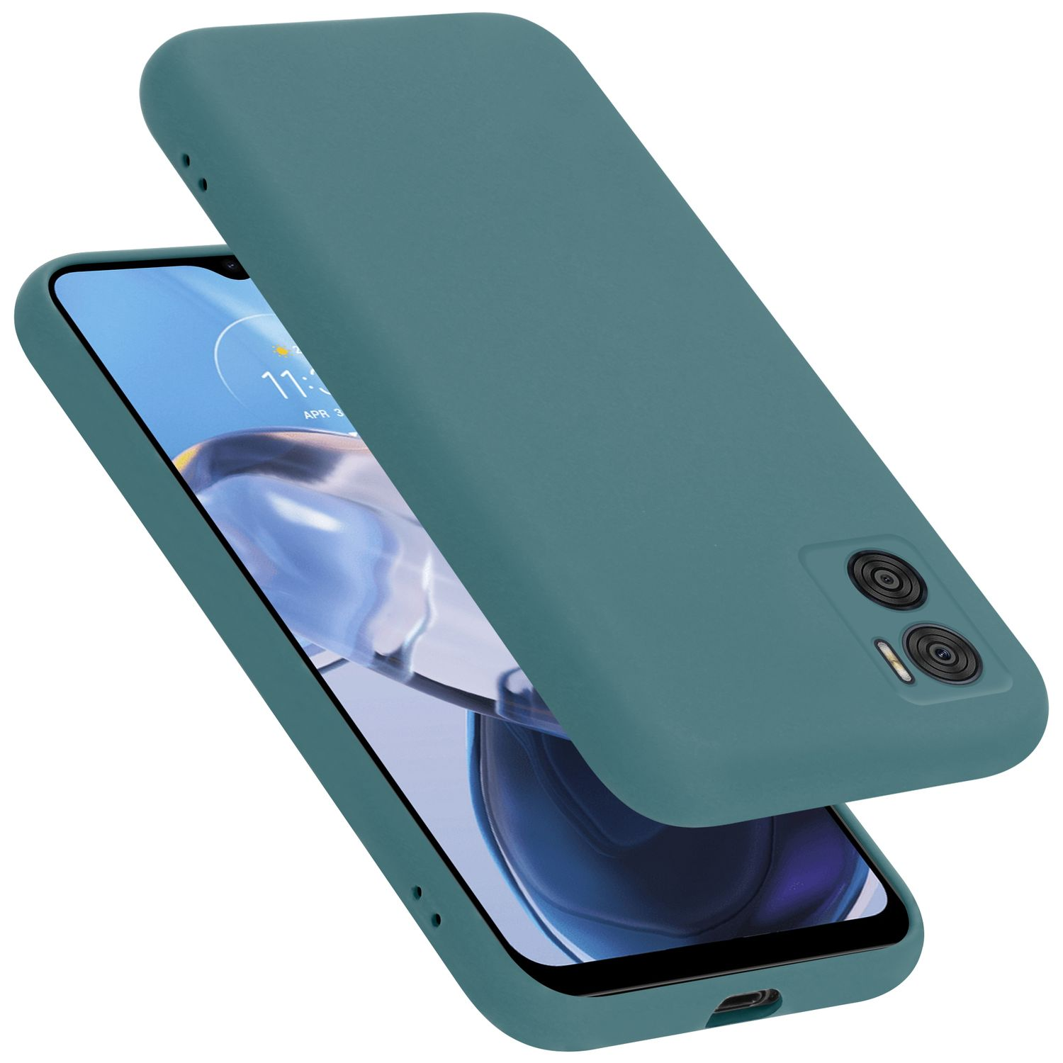 Türkis Handyhülle und Telefon. Das Telefon zeigt einen blauen und grauen Bildschirm.