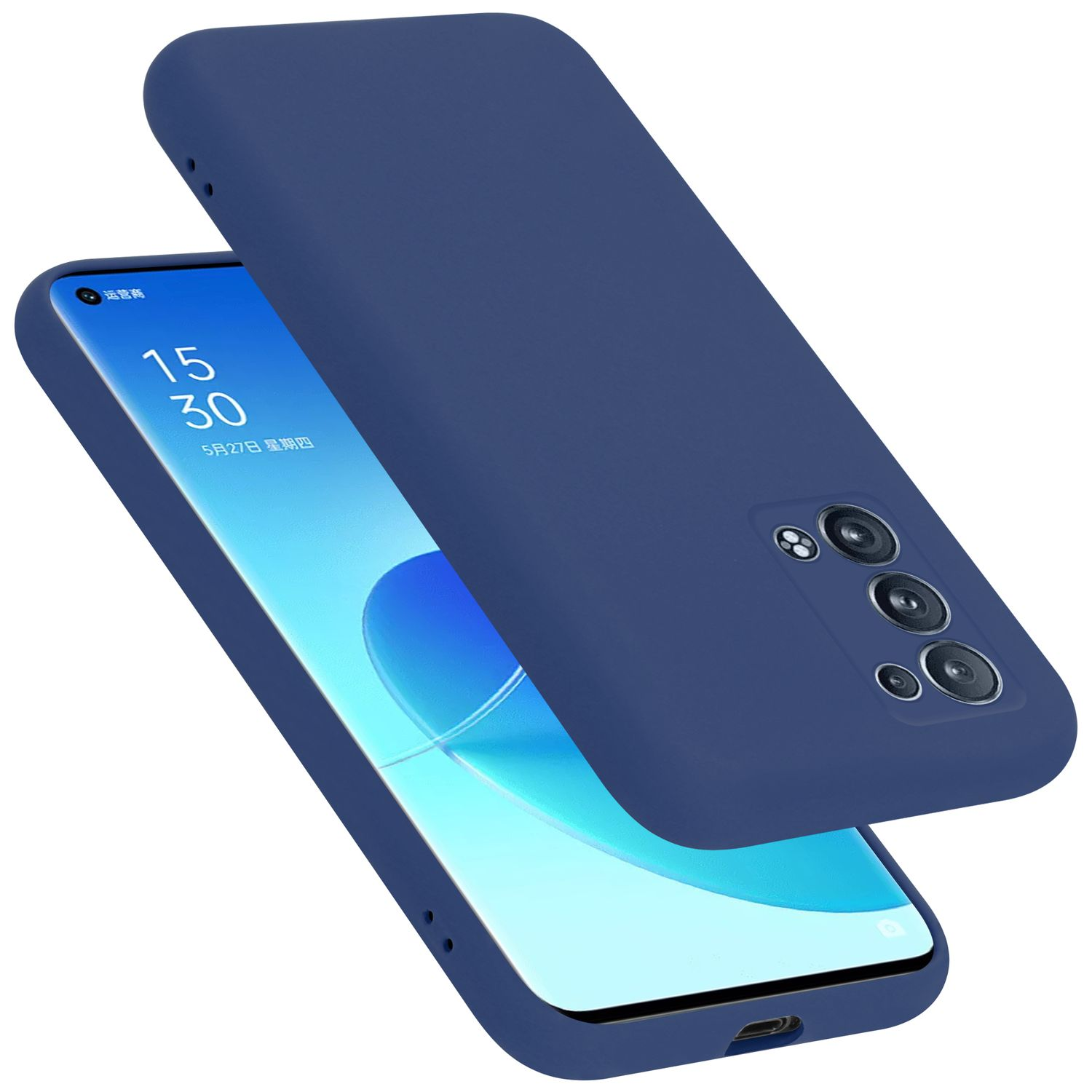 Blaue Handyhülle mit Telefon, Bildschirm sichtbar, auf weißem Hintergrund.