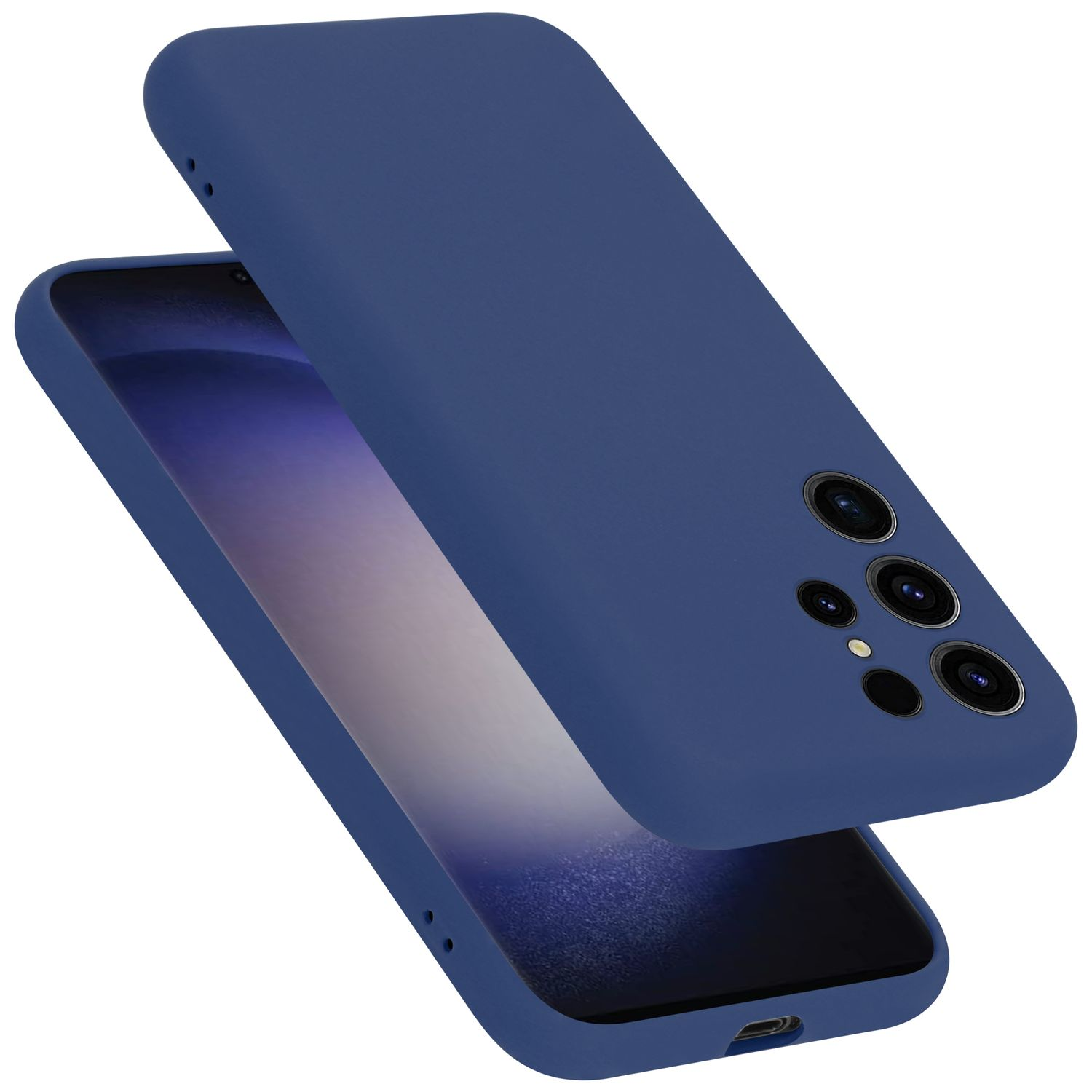 Blaue Handyhülle mit einem Telefon darin. Die Handyhülle bedeckt das Telefon. Weißer Hintergrund.