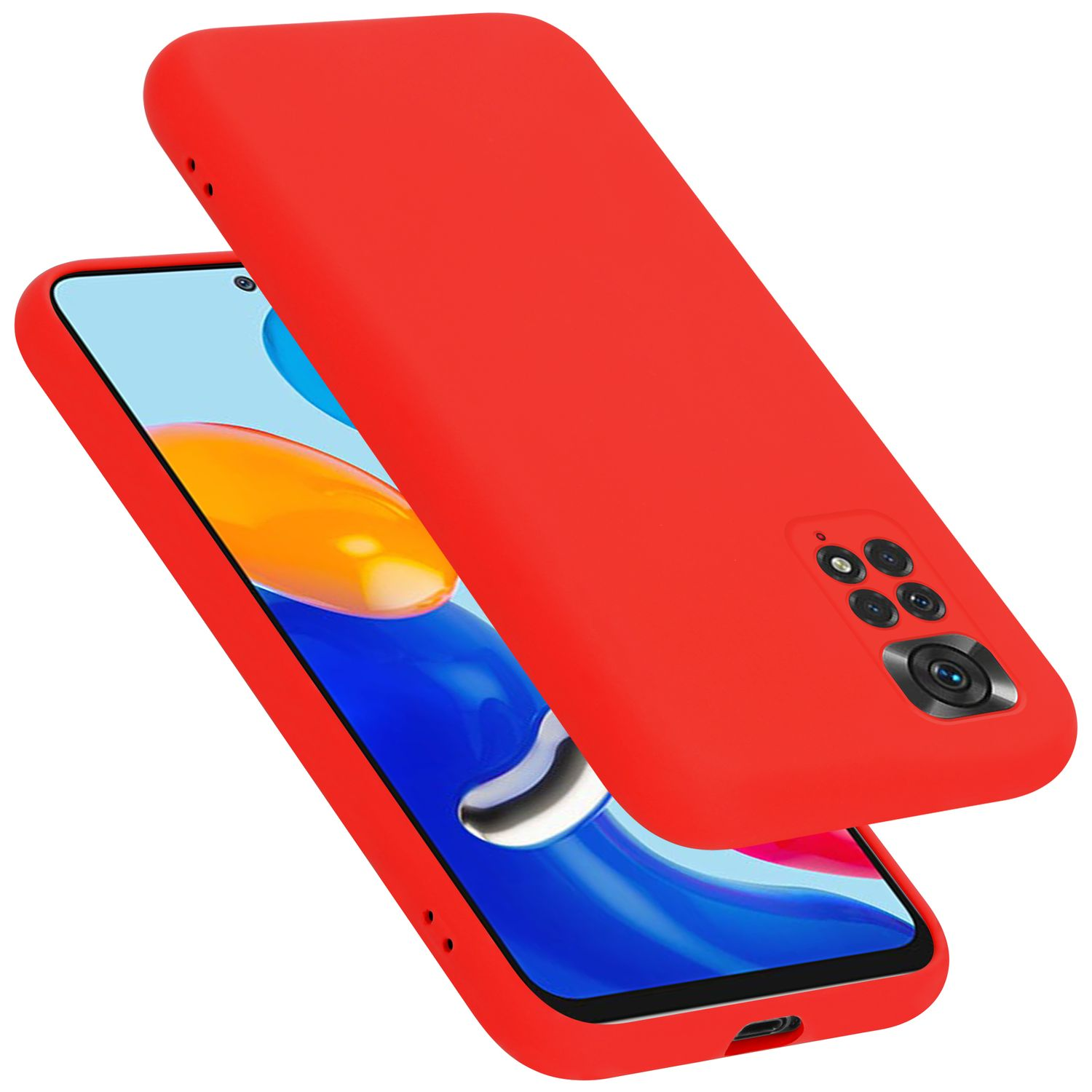 Rote Handyhülle mit Handy. Das Telefon ist rot und hat eine Kamera.